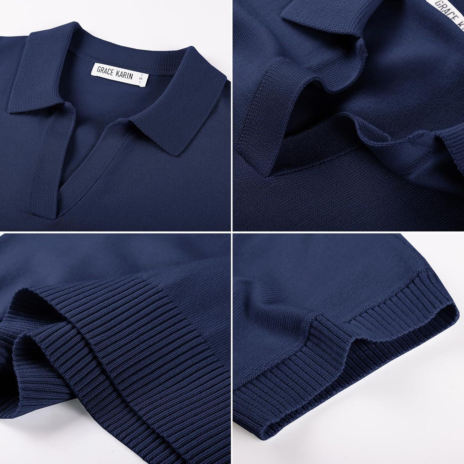 imageGRACE KARIN Women Short Sleeve Sweater Business Casual Knit Polo Shirt V Neck Collared Pullover TopsNavy Blue