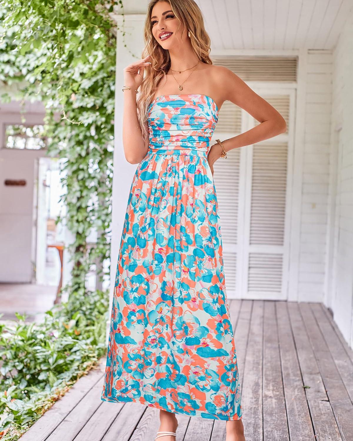 imageGRACE KARIN Women Strapless Dress Casual Loose Ruched Long Maxi Dress with PocketsBlue Orange Flower