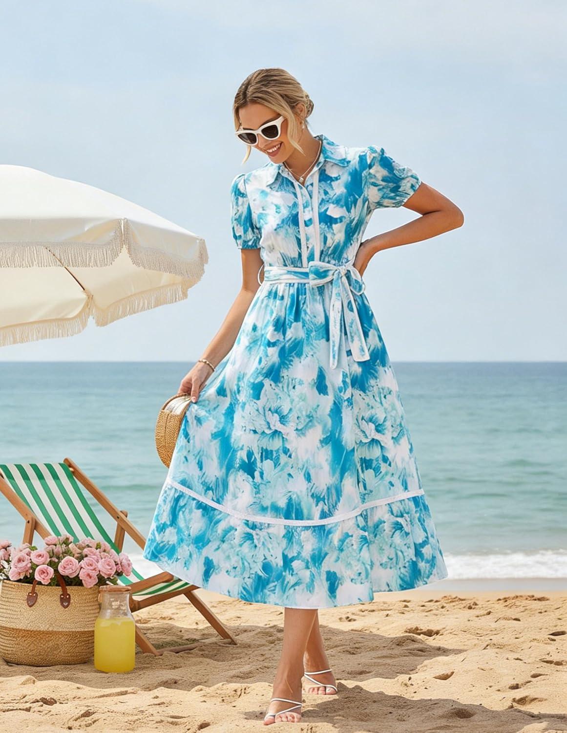 imageGRACE KARIN Women Summer Floral Maxi Dresses 2026 Wedding Guest Puff Sleeve Shirt Sundresses Boho Spring Clothes with PocketsBlue Floral