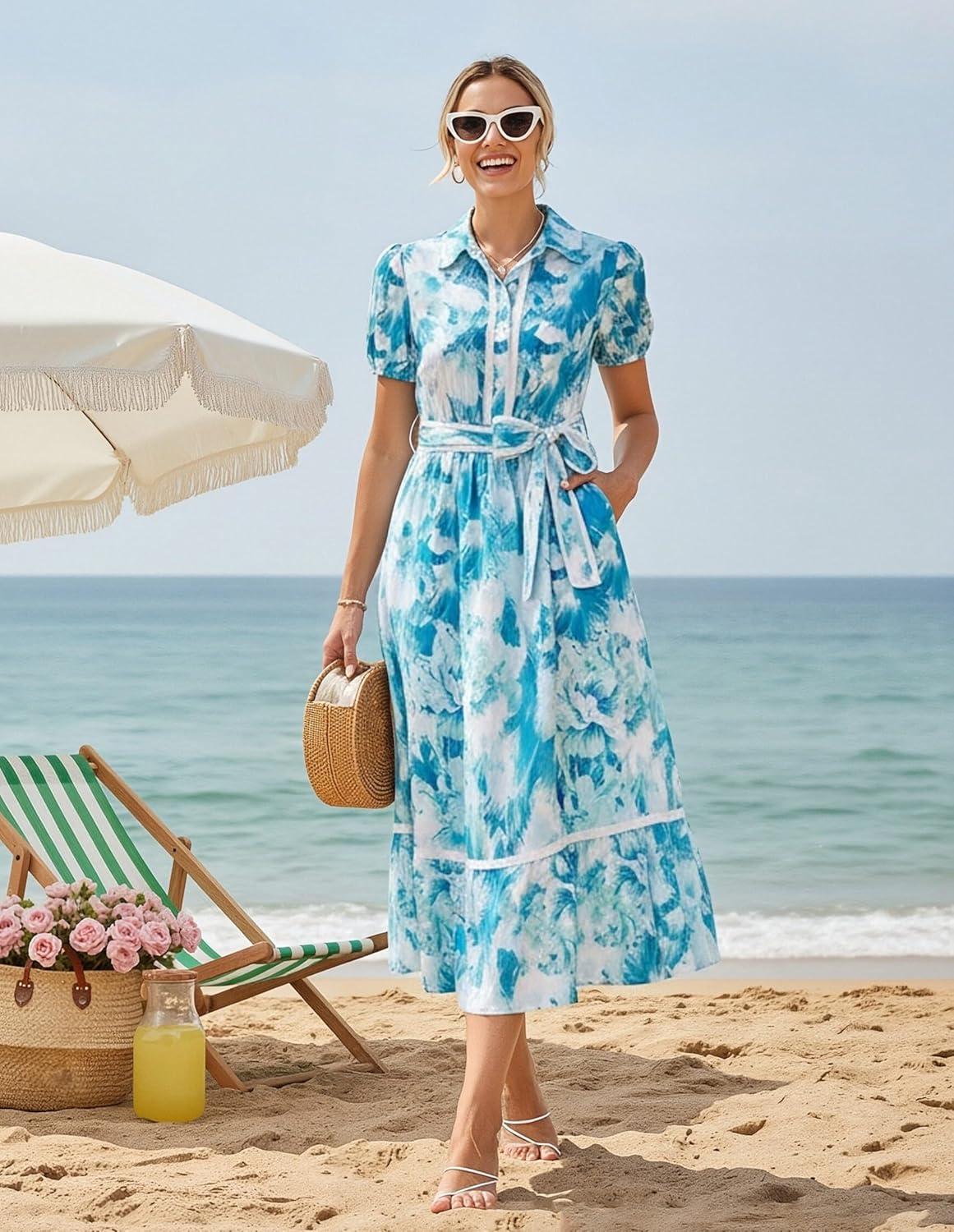 imageGRACE KARIN Women Summer Floral Maxi Dresses 2026 Wedding Guest Puff Sleeve Shirt Sundresses Boho Spring Clothes with PocketsBlue Floral