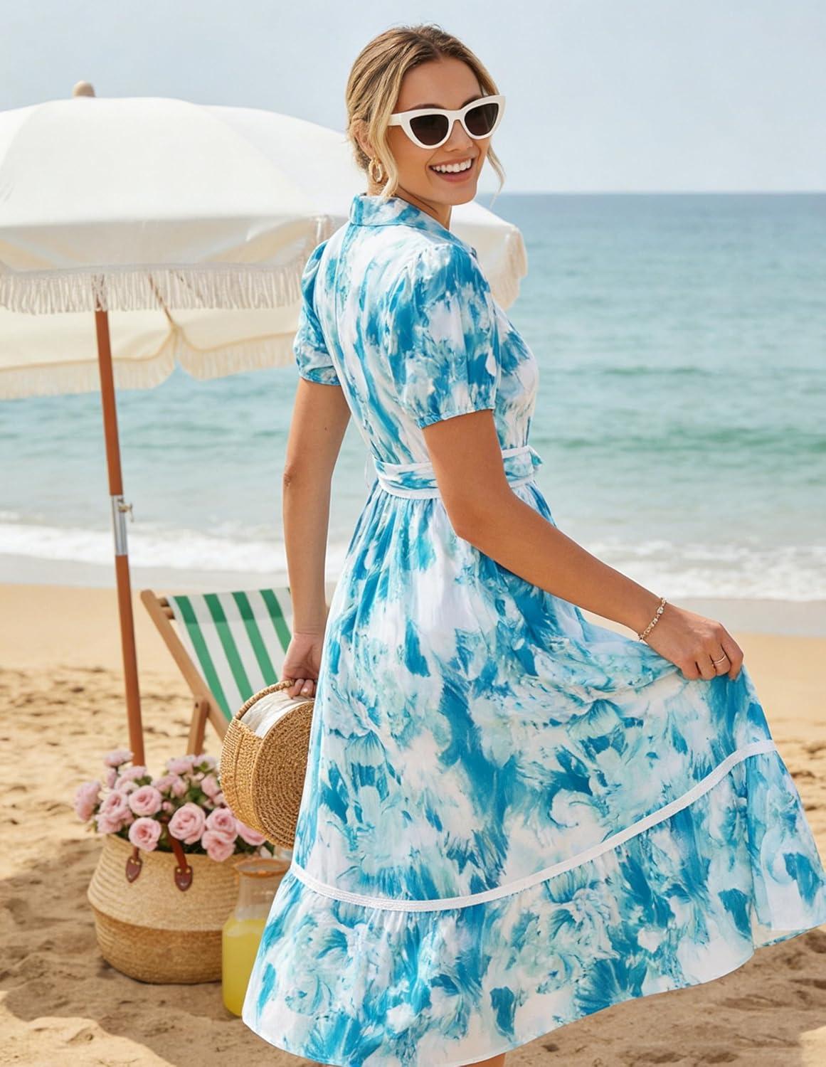 imageGRACE KARIN Women Summer Floral Maxi Dresses 2026 Wedding Guest Puff Sleeve Shirt Sundresses Boho Spring Clothes with PocketsBlue Floral