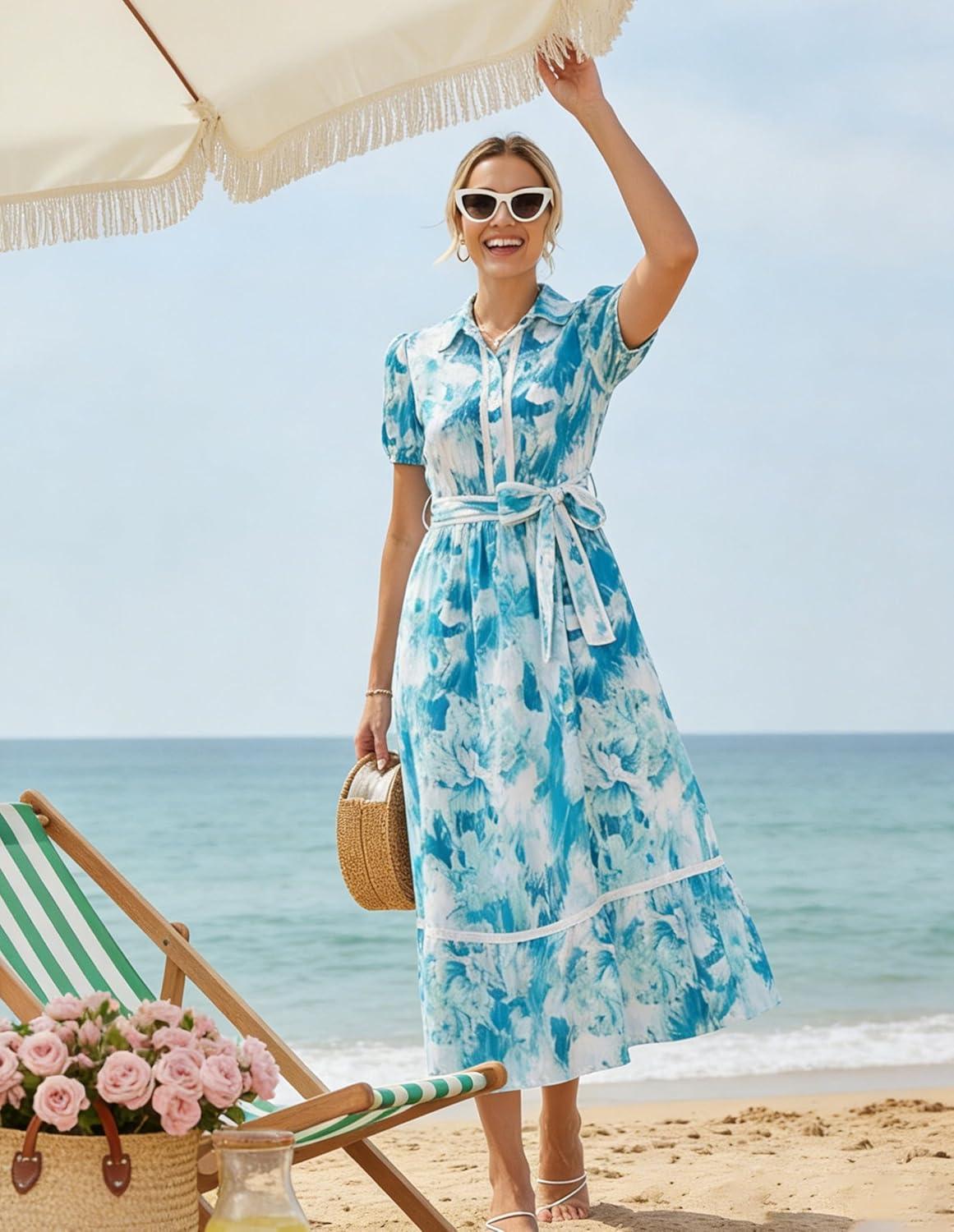imageGRACE KARIN Women Summer Floral Maxi Dresses 2026 Wedding Guest Puff Sleeve Shirt Sundresses Boho Spring Clothes with PocketsBlue Floral