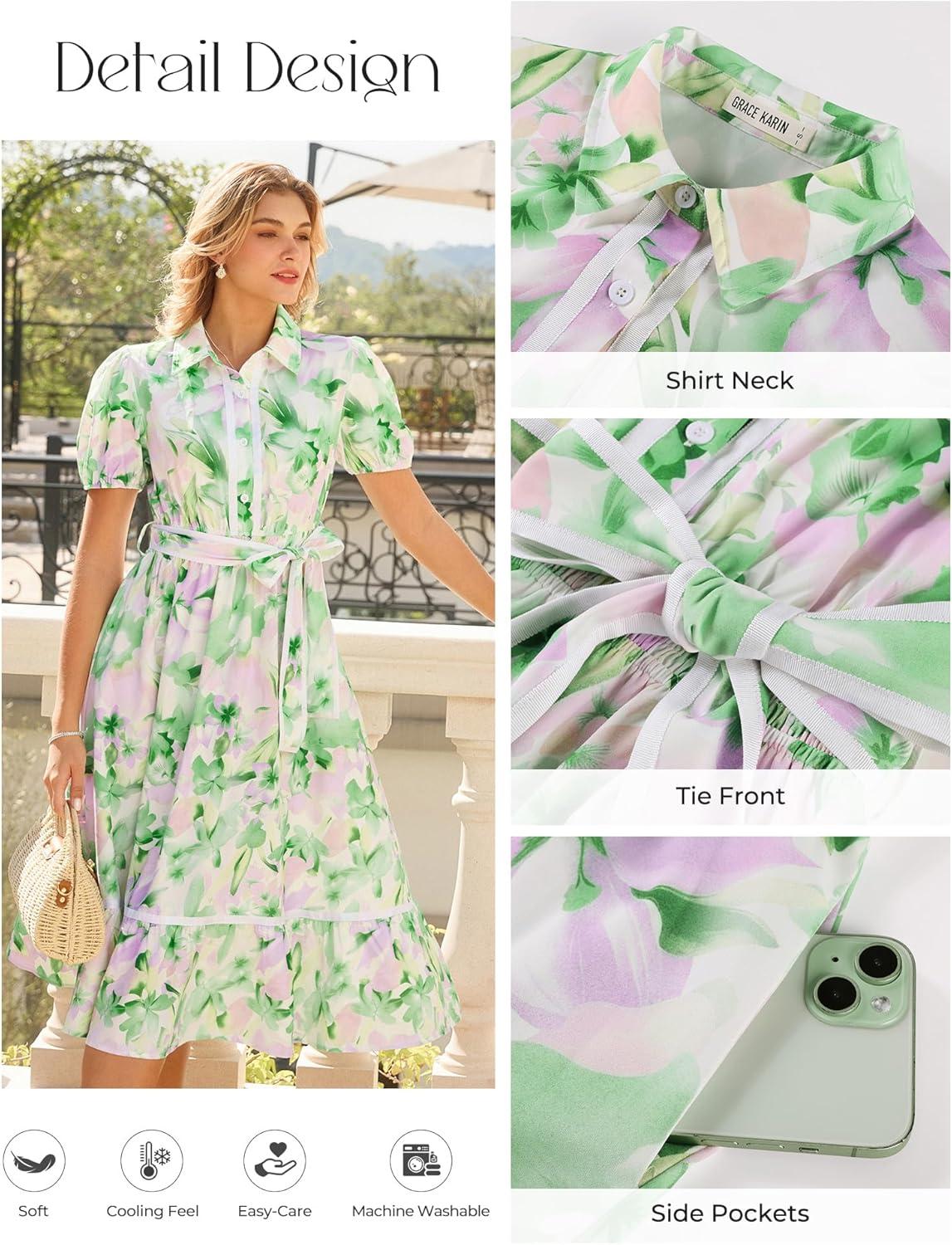 imageGRACE KARIN Women Summer Floral Maxi Dresses 2026 Wedding Guest Puff Sleeve Shirt Sundresses Boho Spring Clothes with PocketsGreen Purple