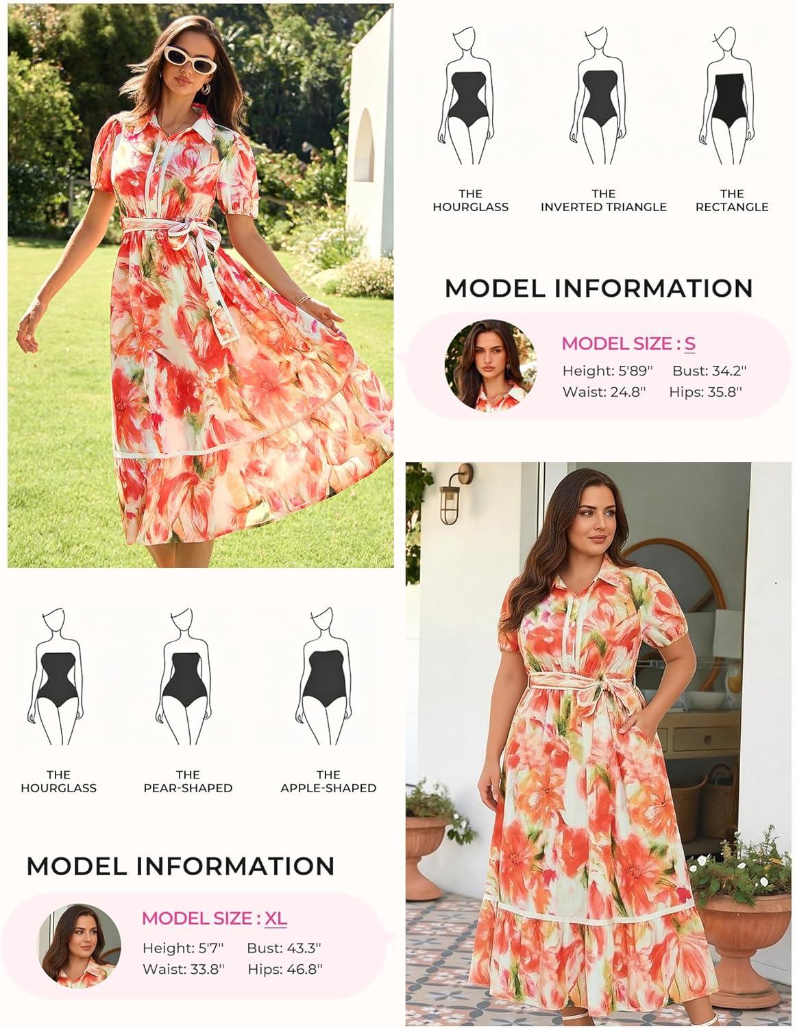 imageGRACE KARIN Women Summer Floral Maxi Dresses 2026 Wedding Guest Puff Sleeve Shirt Sundresses Boho Spring Clothes with PocketsOrange Floral