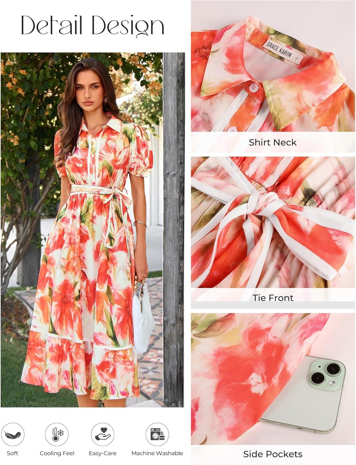 imageGRACE KARIN Women Summer Floral Maxi Dresses 2026 Wedding Guest Puff Sleeve Shirt Sundresses Boho Spring Clothes with PocketsOrange Floral