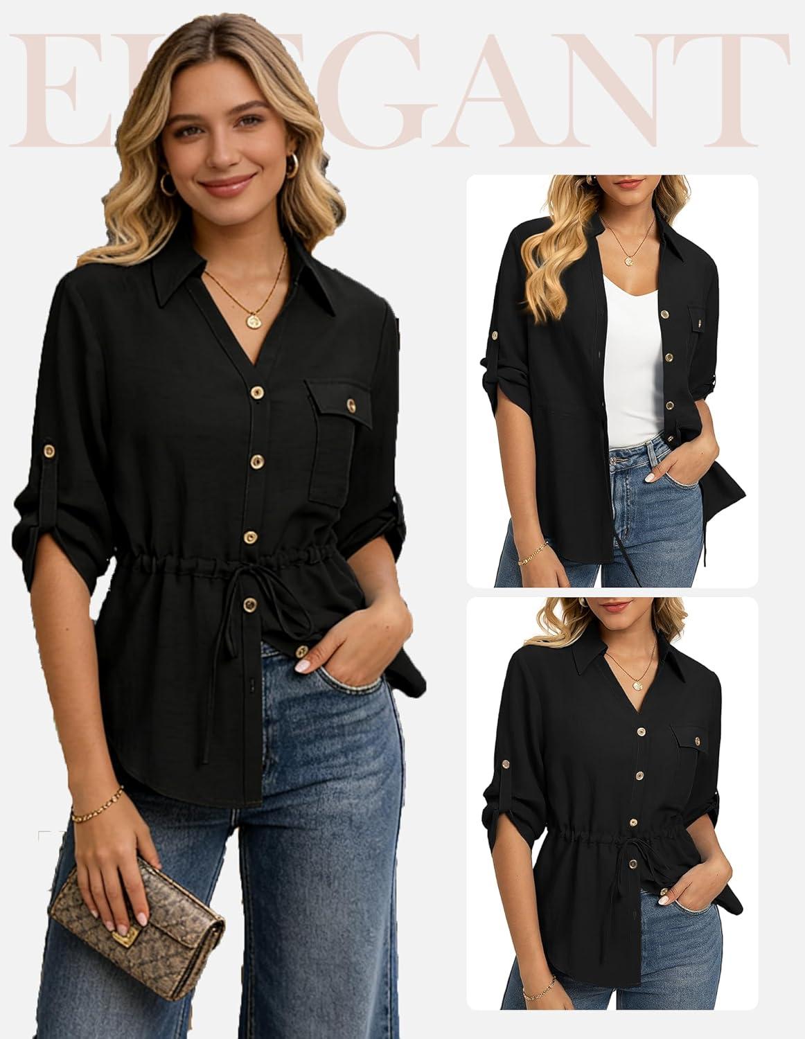imageGRACE KARIN Womens Button Down Shirts 34 Sleeve Dressy Casual Outifts V Neck Peplum Tops with PocketsBlack