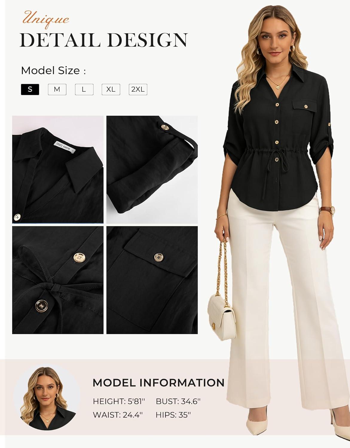 imageGRACE KARIN Womens Button Down Shirts 34 Sleeve Dressy Casual Outifts V Neck Peplum Tops with PocketsBlack
