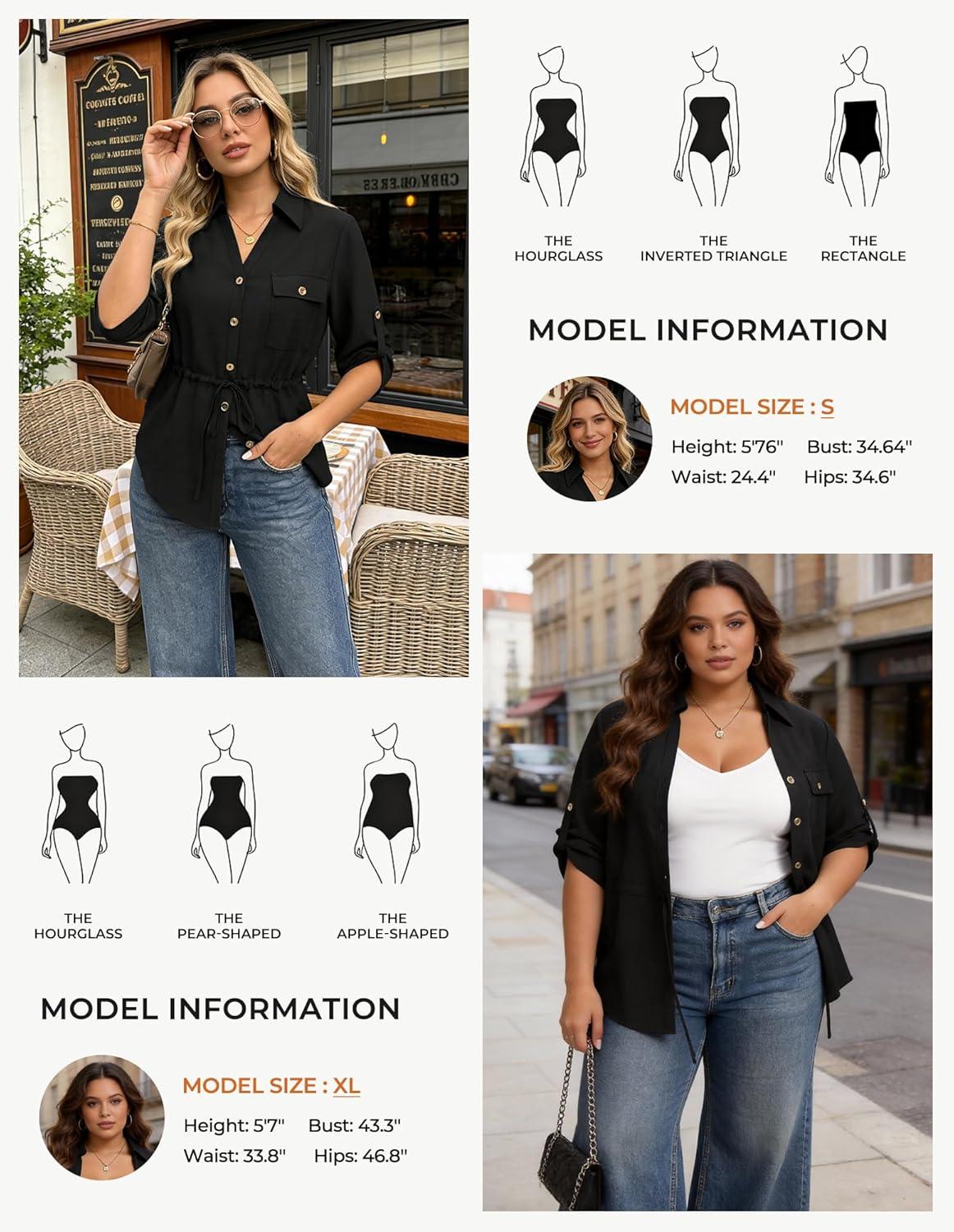 imageGRACE KARIN Womens Button Down Shirts 34 Sleeve Dressy Casual Outifts V Neck Peplum Tops with PocketsBlack