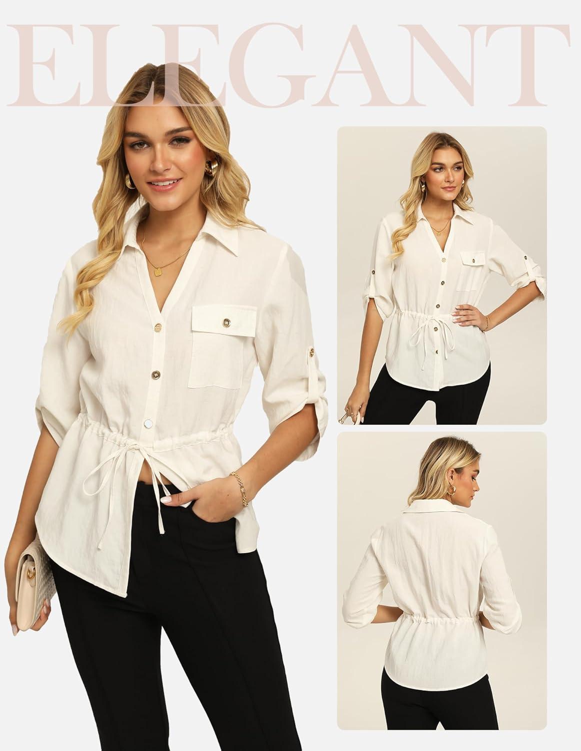 imageGRACE KARIN Womens Button Down Shirts 34 Sleeve Dressy Casual Outifts V Neck Peplum Tops with PocketsIvory