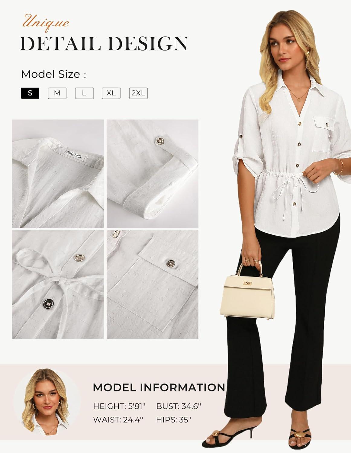 imageGRACE KARIN Womens Button Down Shirts 34 Sleeve Dressy Casual Outifts V Neck Peplum Tops with PocketsIvory