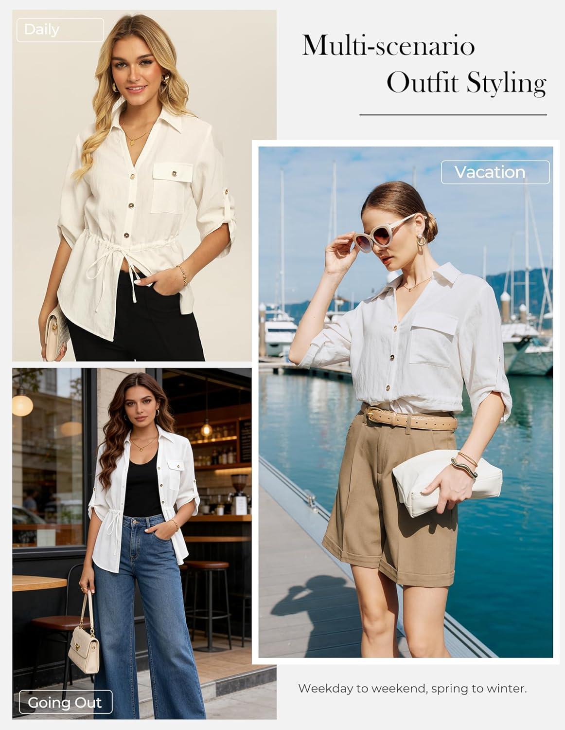 imageGRACE KARIN Womens Button Down Shirts 34 Sleeve Dressy Casual Outifts V Neck Peplum Tops with PocketsIvory