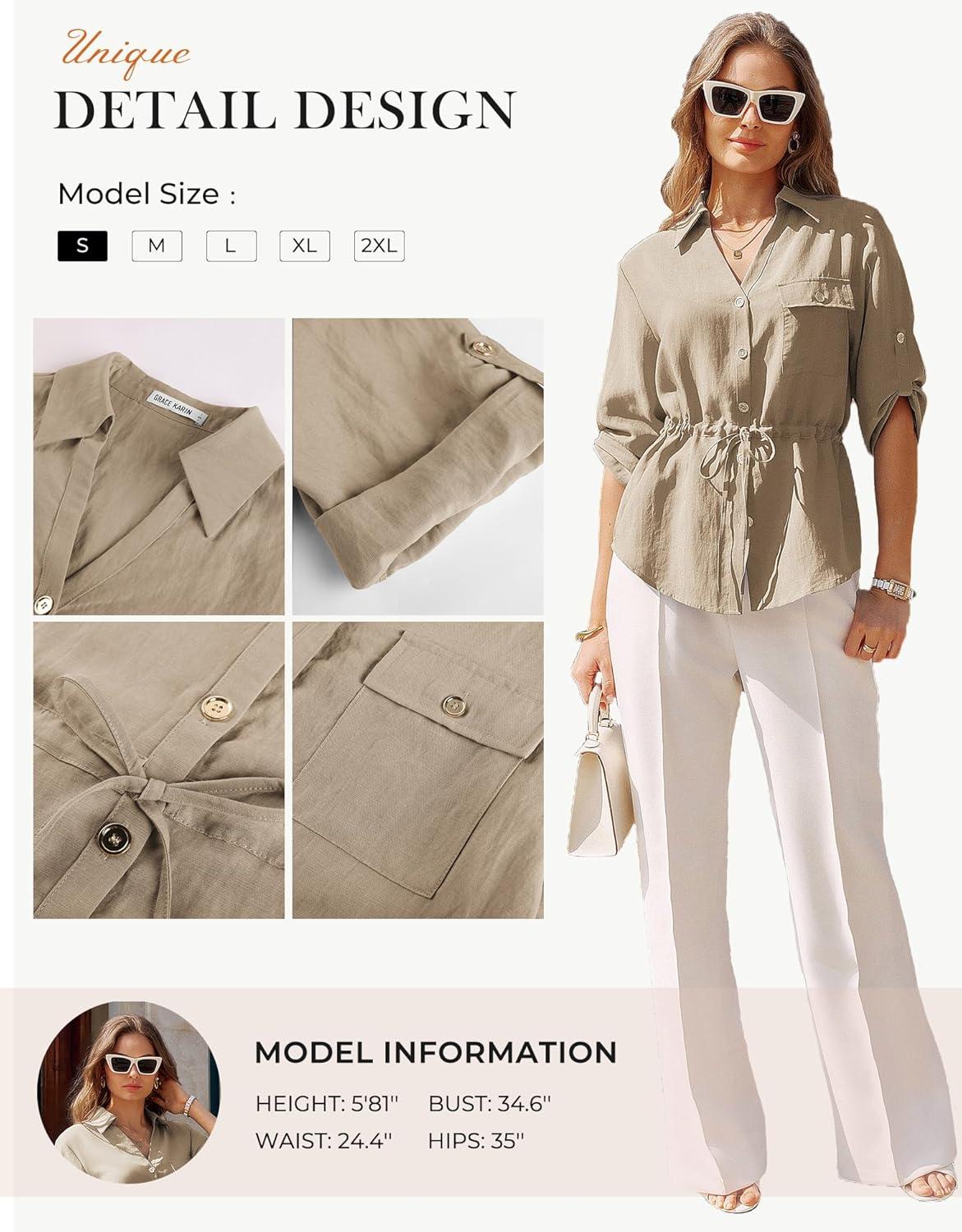imageGRACE KARIN Womens Button Down Shirts 34 Sleeve Dressy Casual Outifts V Neck Peplum Tops with PocketsKhaki