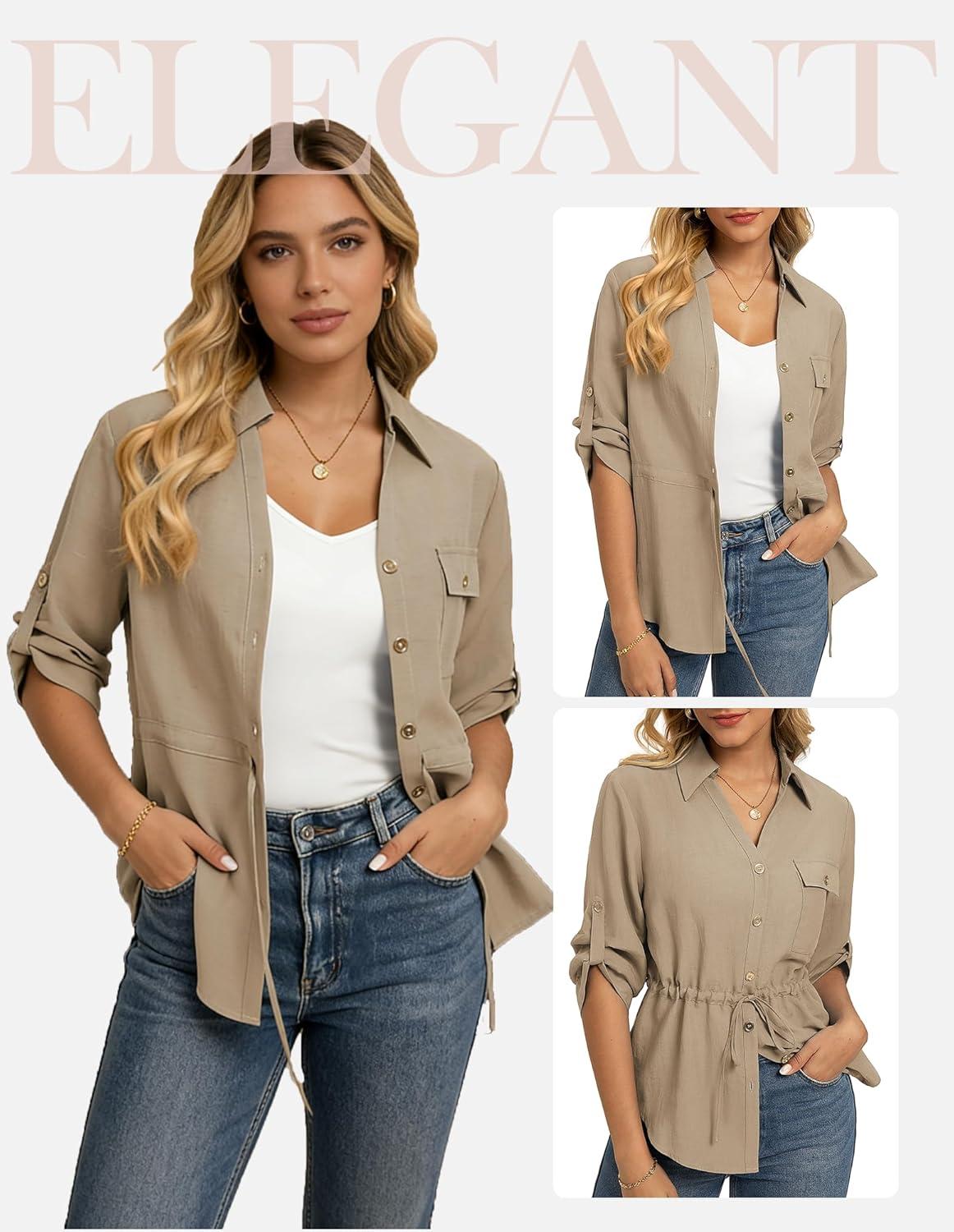 imageGRACE KARIN Womens Button Down Shirts 34 Sleeve Dressy Casual Outifts V Neck Peplum Tops with PocketsKhaki