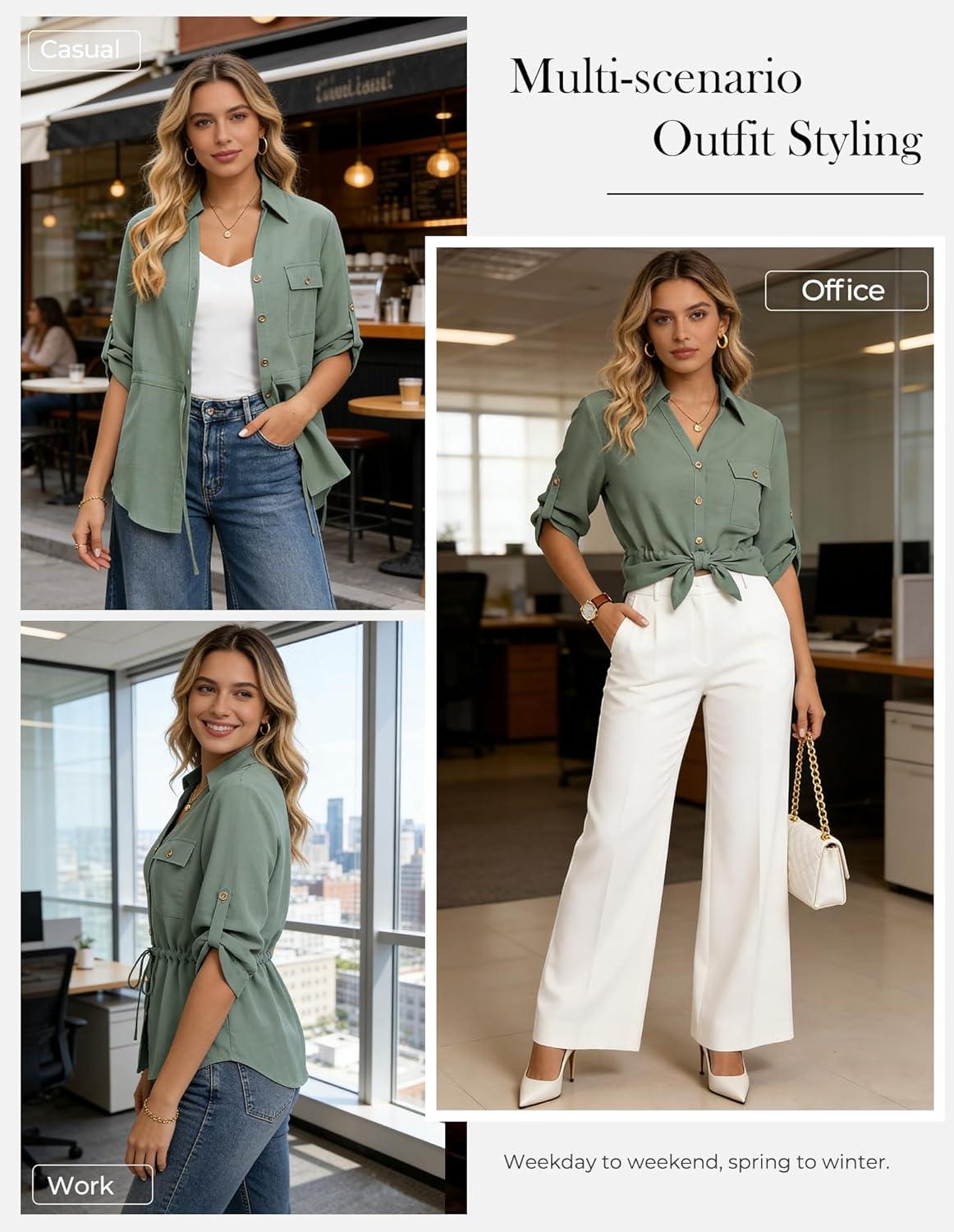 imageGRACE KARIN Womens Button Down Shirts 34 Sleeve Dressy Casual Outifts V Neck Peplum Tops with PocketsLight Green