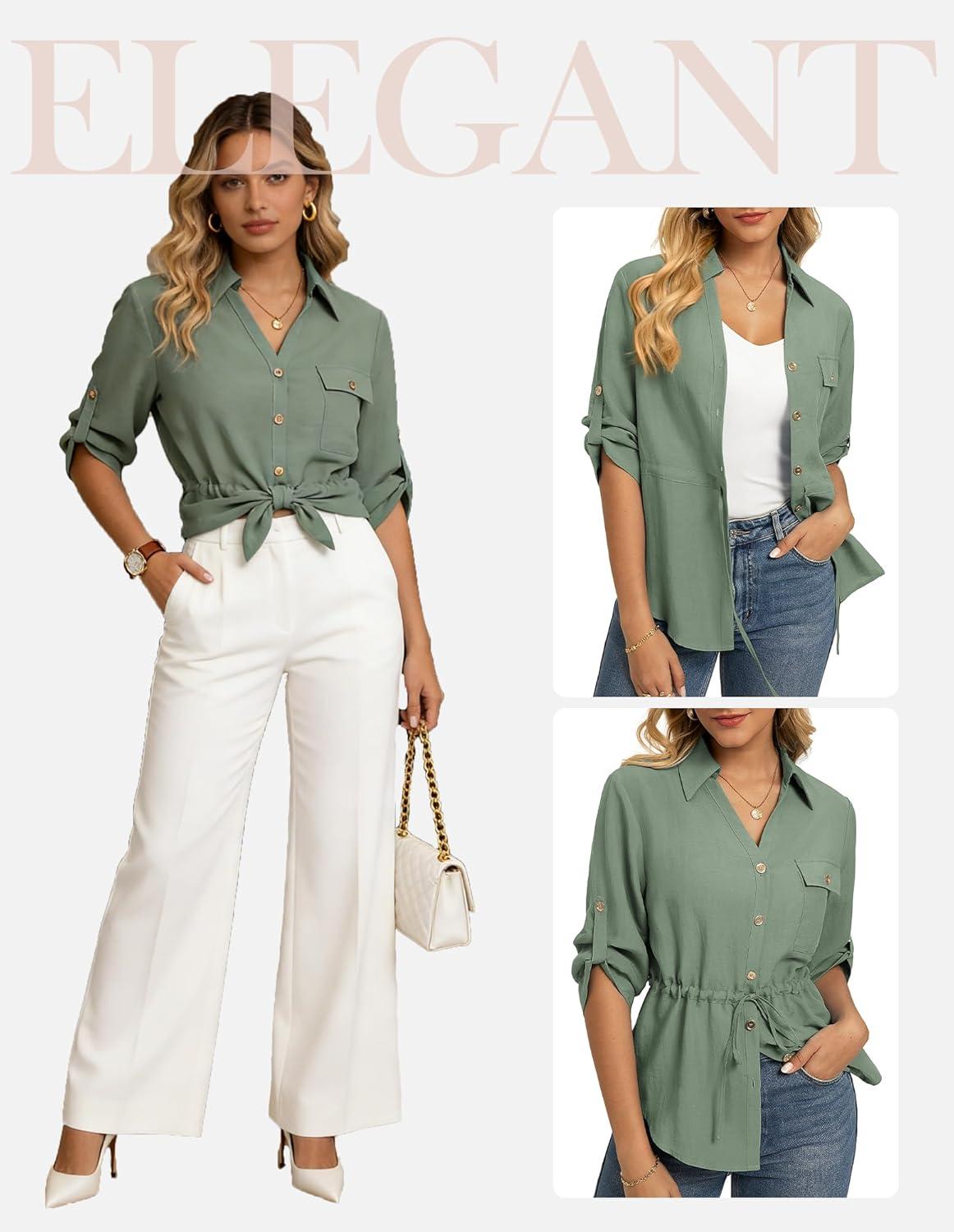 imageGRACE KARIN Womens Button Down Shirts 34 Sleeve Dressy Casual Outifts V Neck Peplum Tops with PocketsLight Green
