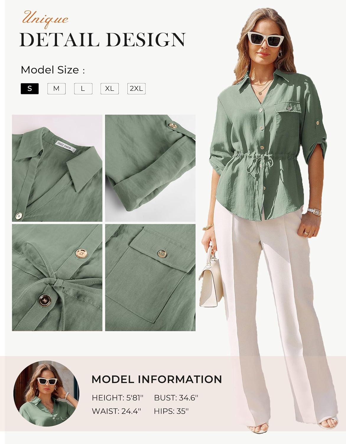 imageGRACE KARIN Womens Button Down Shirts 34 Sleeve Dressy Casual Outifts V Neck Peplum Tops with PocketsLight Green
