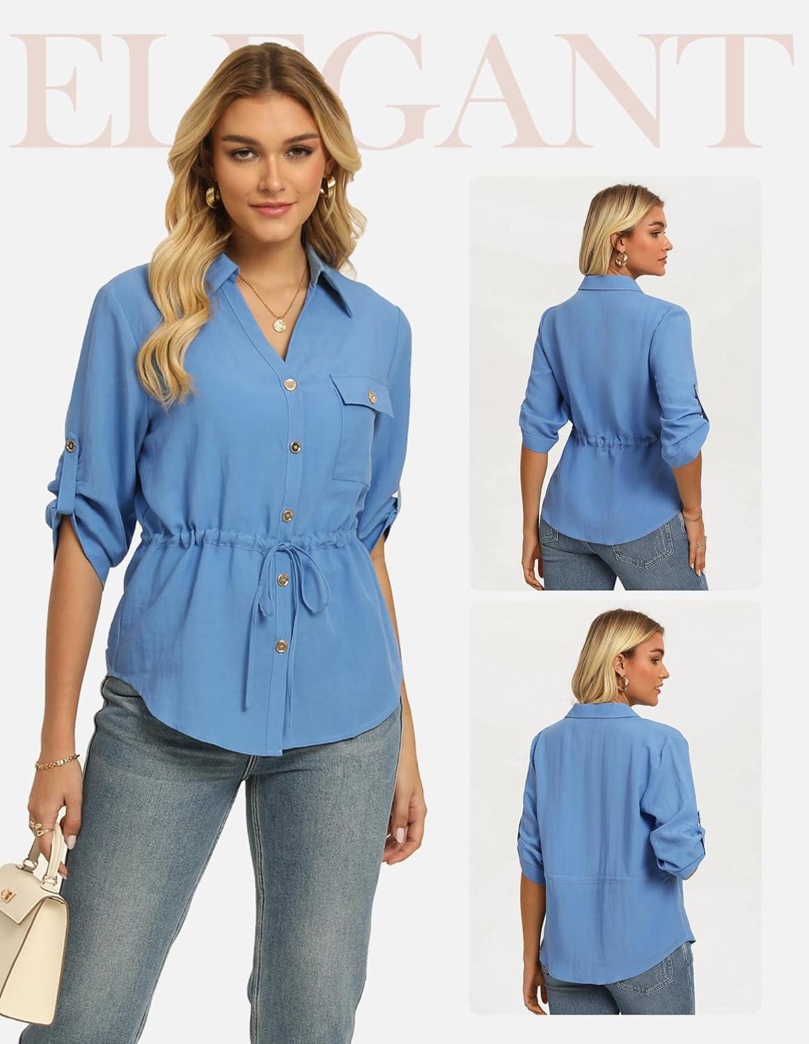imageGRACE KARIN Womens Button Down Shirts 34 Sleeve Dressy Casual Outifts V Neck Peplum Tops with PocketsSky Blue