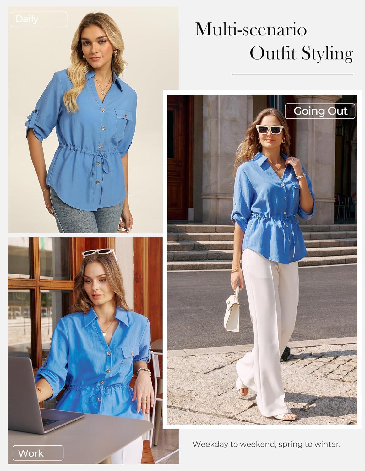 imageGRACE KARIN Womens Button Down Shirts 34 Sleeve Dressy Casual Outifts V Neck Peplum Tops with PocketsSky Blue