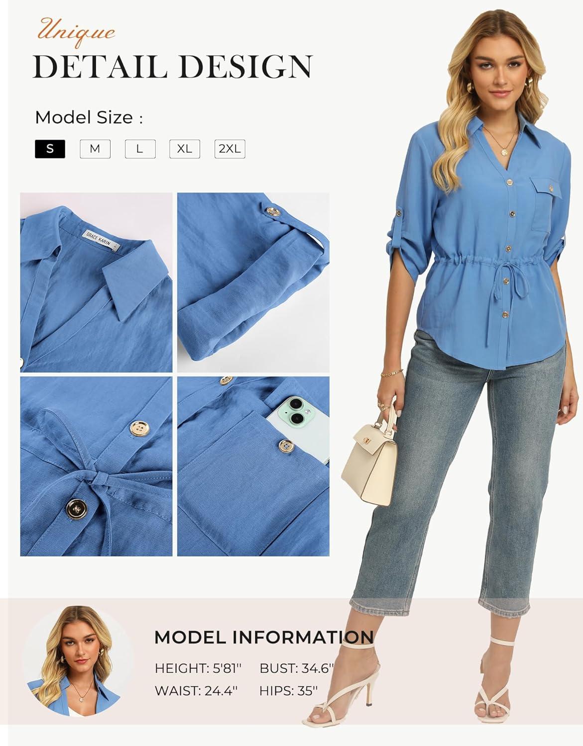 imageGRACE KARIN Womens Button Down Shirts 34 Sleeve Dressy Casual Outifts V Neck Peplum Tops with PocketsSky Blue