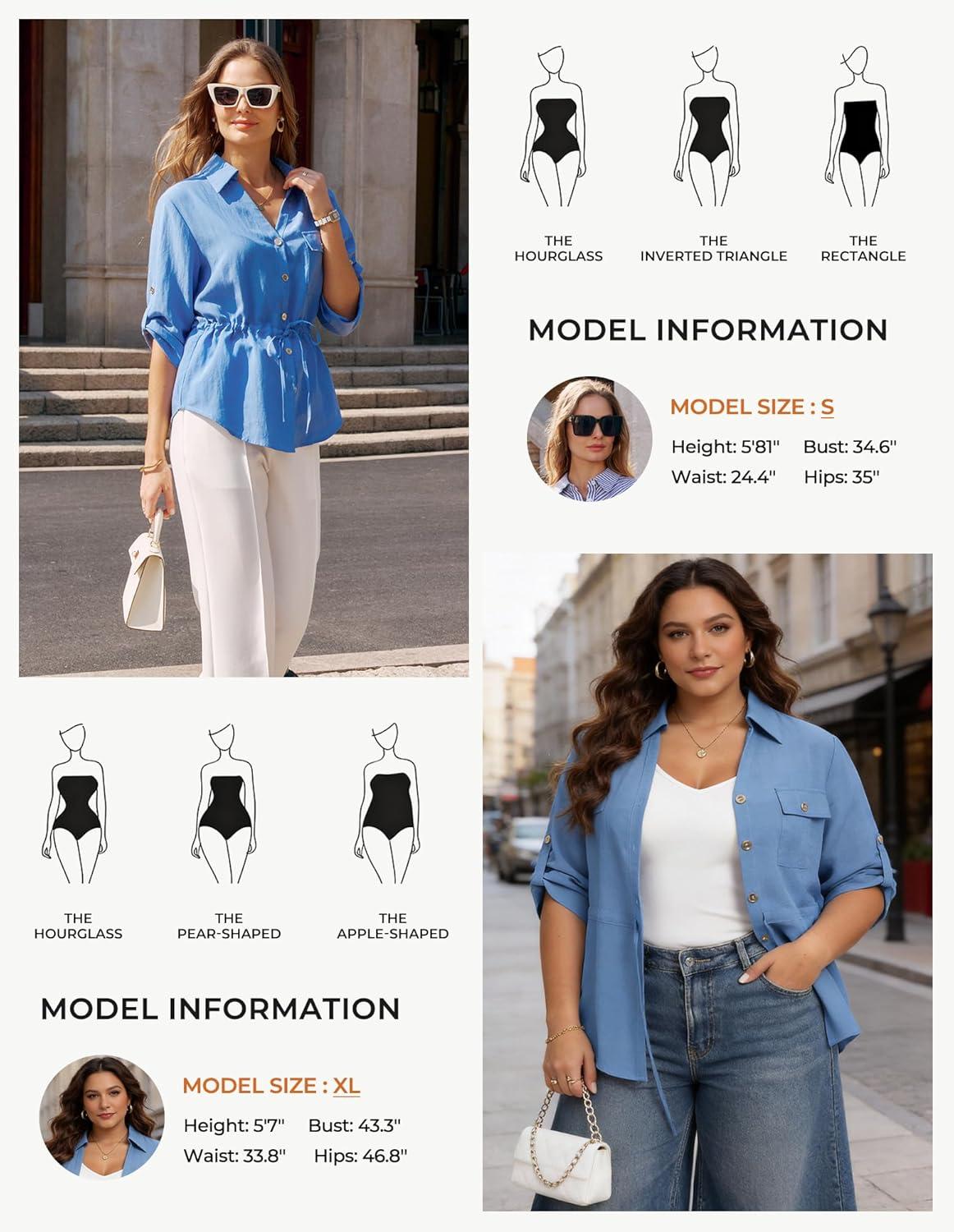 imageGRACE KARIN Womens Button Down Shirts 34 Sleeve Dressy Casual Outifts V Neck Peplum Tops with PocketsSky Blue