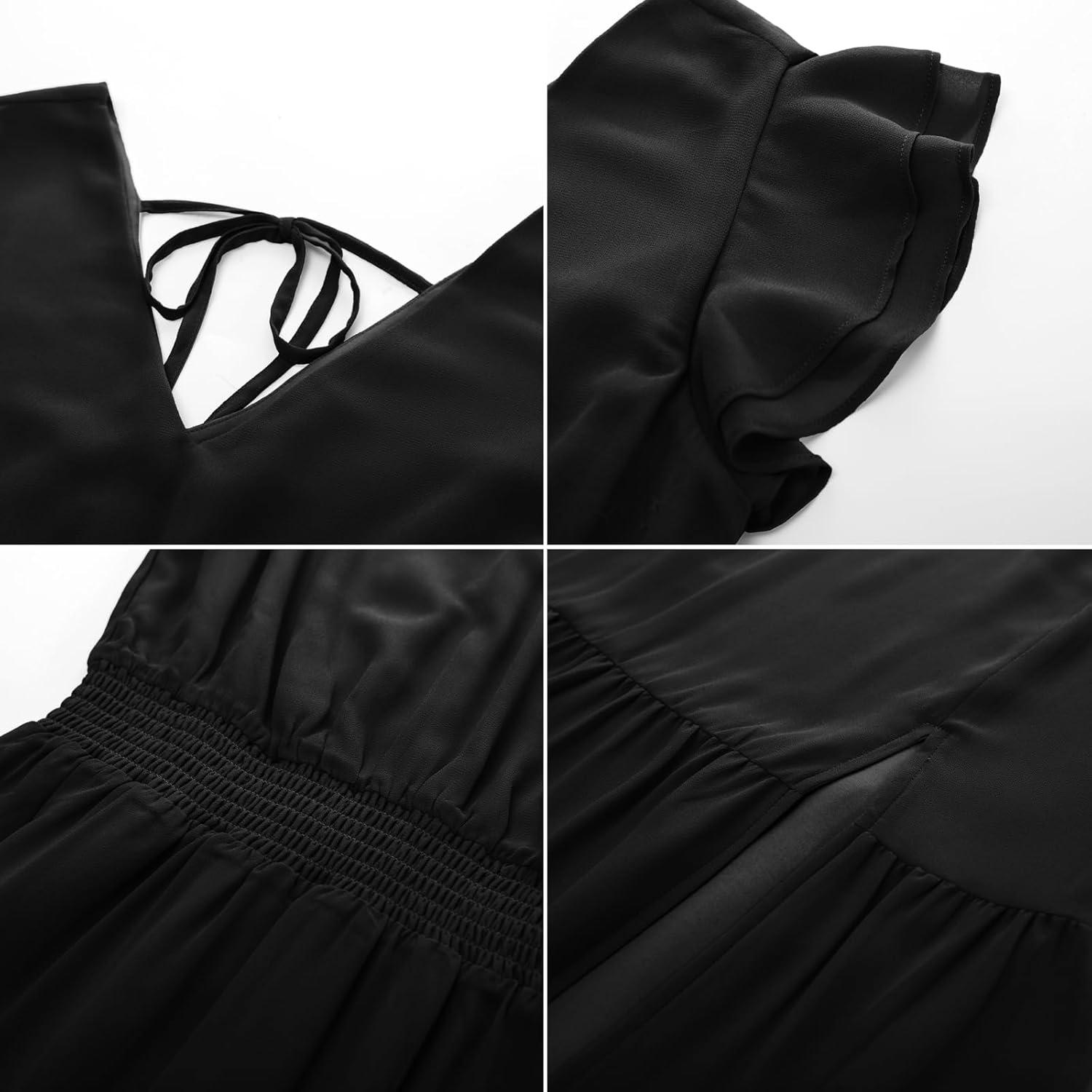 imageGRACE KARIN Womens Cocktail Dresses 2025 V Neck Ruffle Sleeve Dress ALine Midi Swing Wedding Guest SundressesBlacksolid