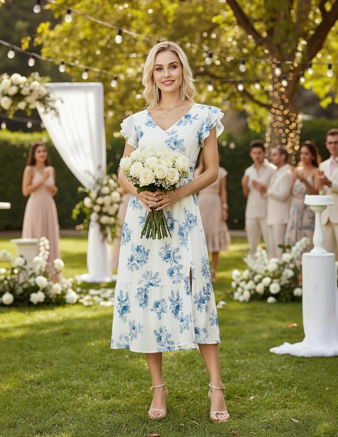 imageGRACE KARIN Womens Cocktail Dresses 2025 V Neck Ruffle Sleeve Dress ALine Midi Swing Wedding Guest SundressesBluefloral Print