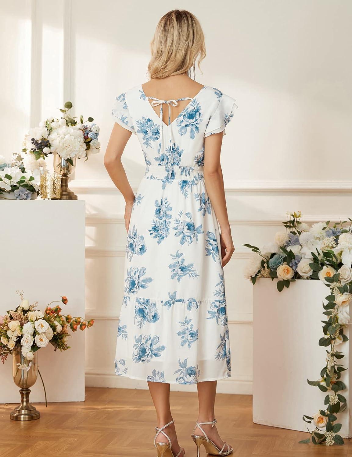imageGRACE KARIN Womens Cocktail Dresses 2025 V Neck Ruffle Sleeve Dress ALine Midi Swing Wedding Guest SundressesBluefloral Print