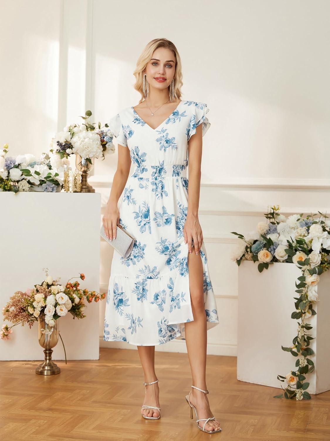 imageGRACE KARIN Womens Cocktail Dresses 2025 V Neck Ruffle Sleeve Dress ALine Midi Swing Wedding Guest SundressesBluefloral Print