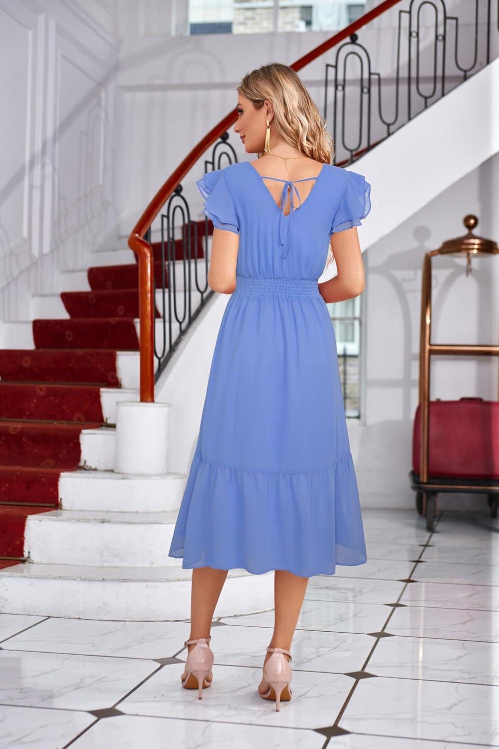 imageGRACE KARIN Womens Cocktail Dresses 2025 V Neck Ruffle Sleeve Dress ALine Midi Swing Wedding Guest SundressesGray Blueplain