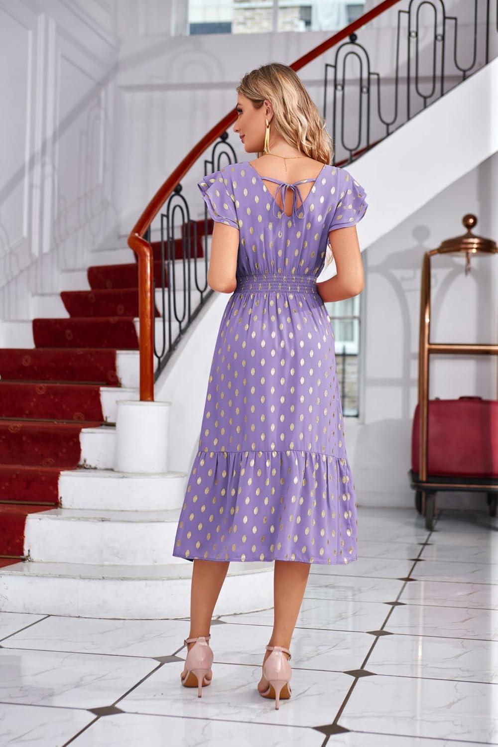 imageGRACE KARIN Womens Cocktail Dresses 2025 V Neck Ruffle Sleeve Dress ALine Midi Swing Wedding Guest SundressesLavendergold Dots