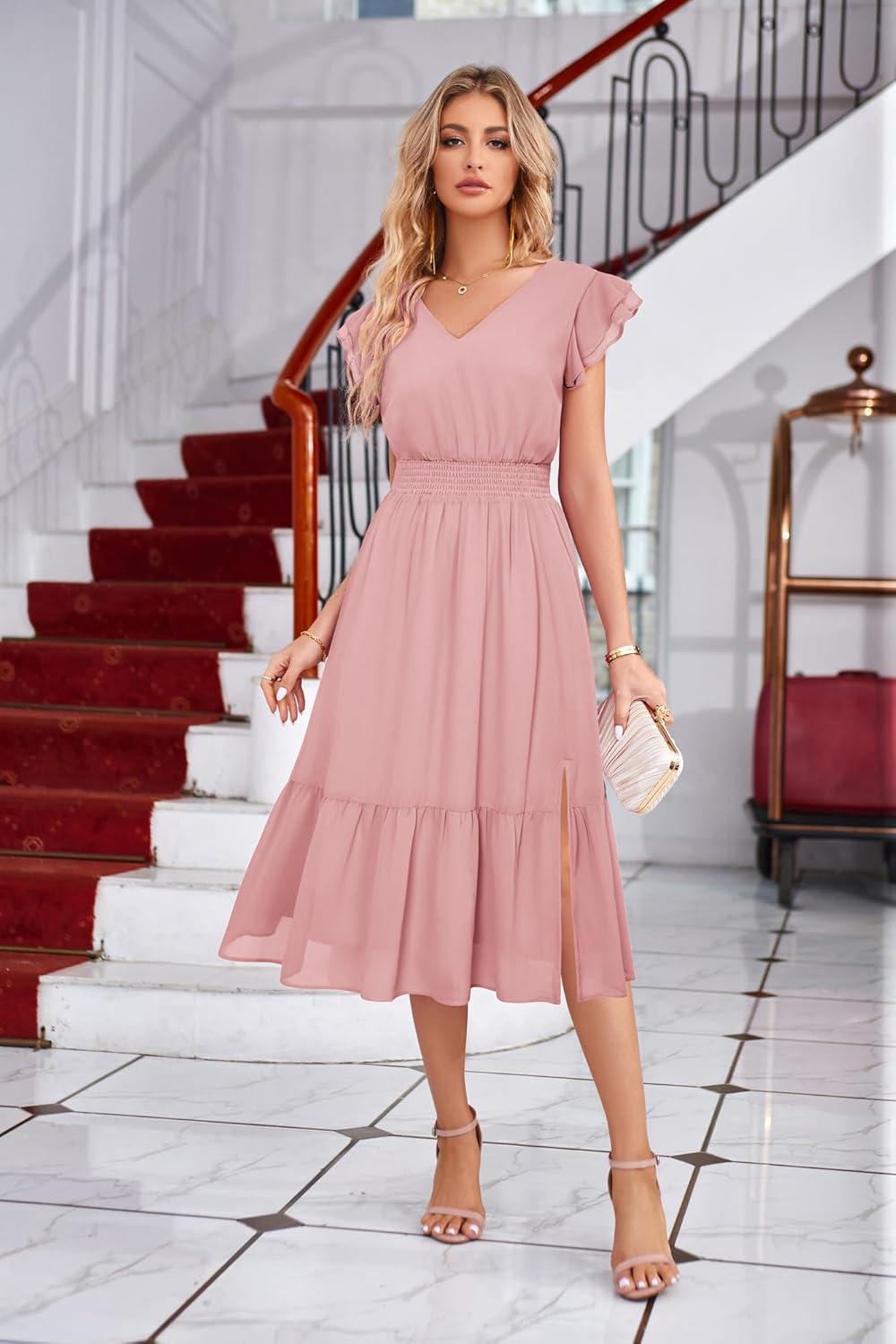 imageGRACE KARIN Womens Cocktail Dresses 2025 V Neck Ruffle Sleeve Dress ALine Midi Swing Wedding Guest SundressesLight Pinkplain