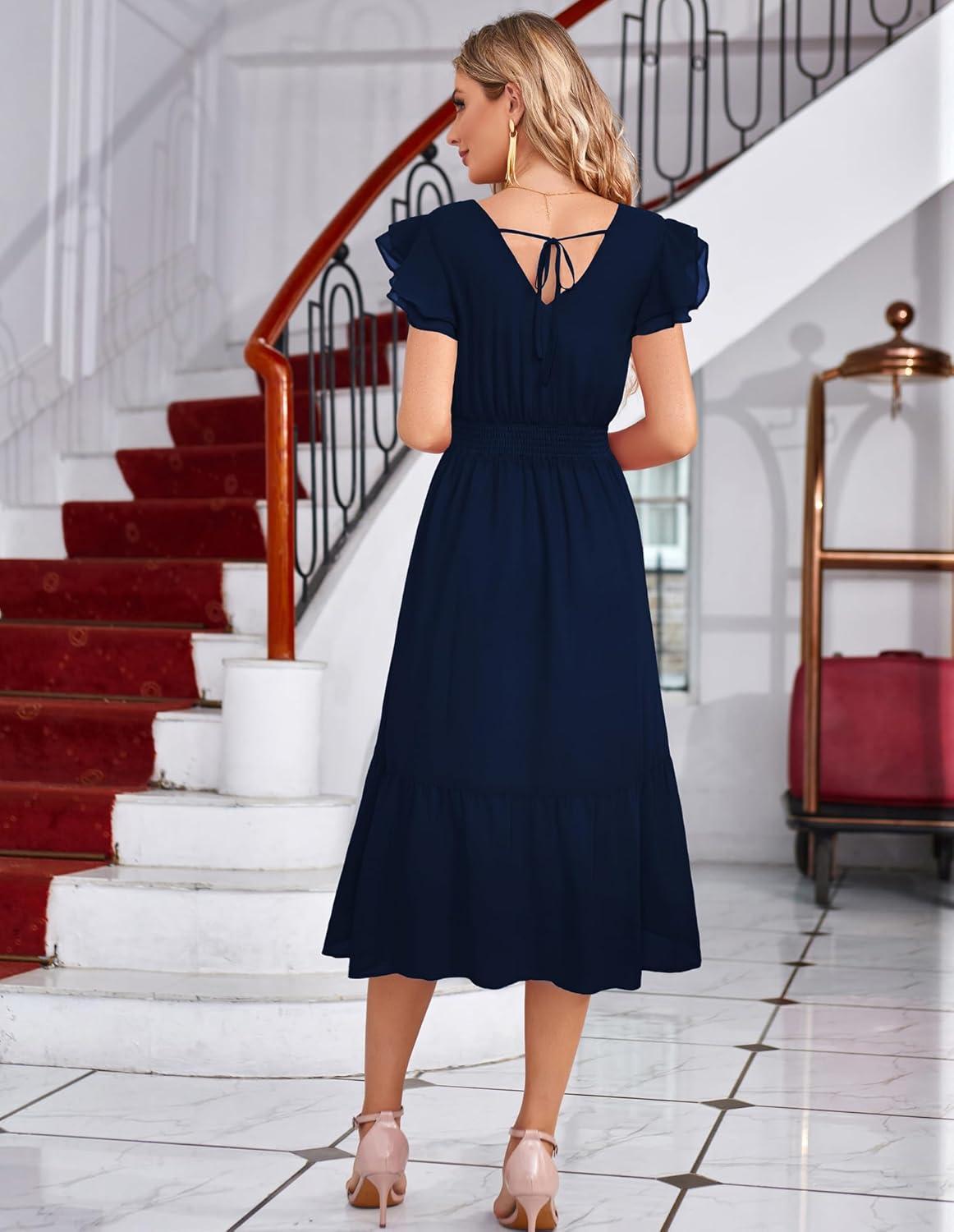imageGRACE KARIN Womens Cocktail Dresses 2025 V Neck Ruffle Sleeve Dress ALine Midi Swing Wedding Guest SundressesNavy Bluesolid