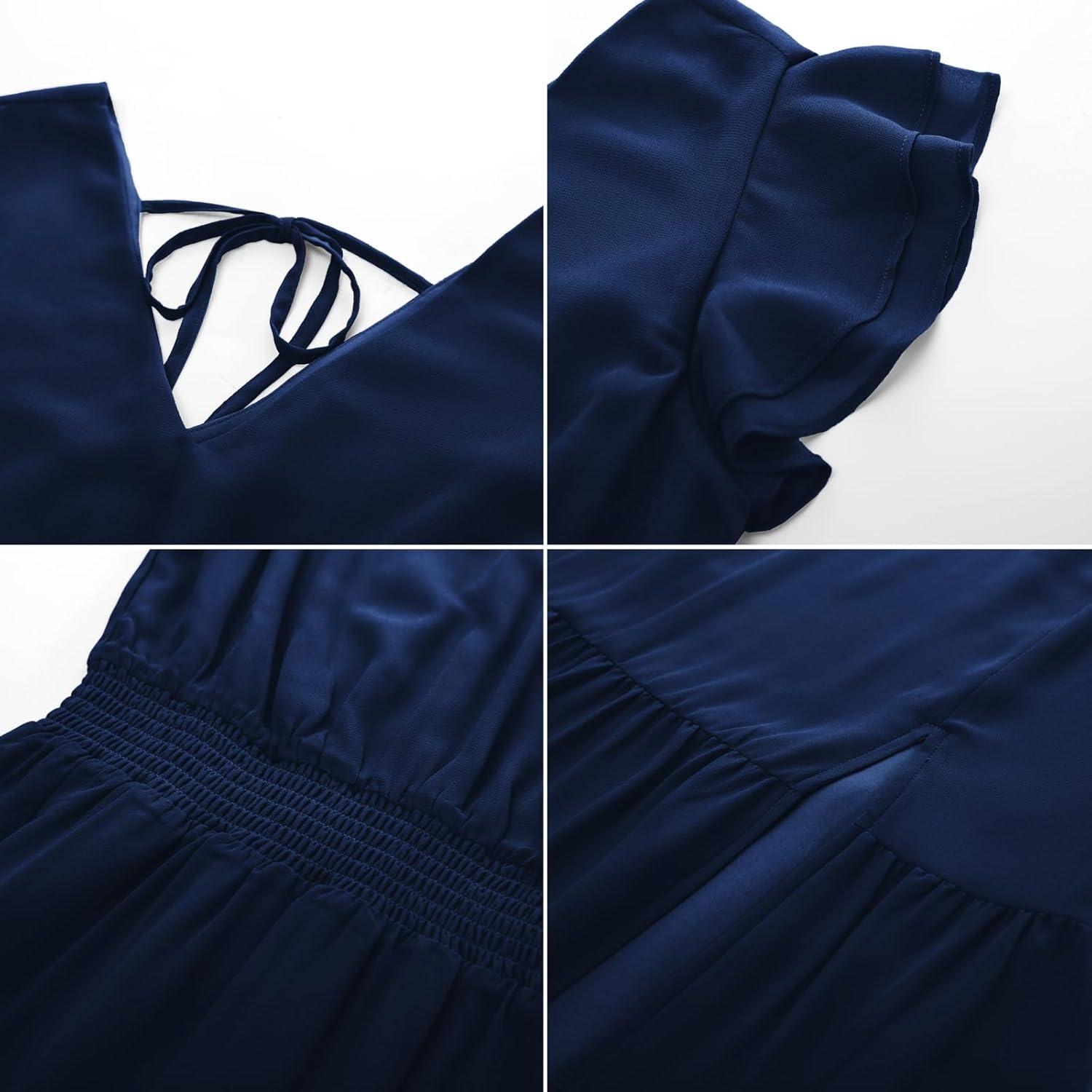 imageGRACE KARIN Womens Cocktail Dresses 2025 V Neck Ruffle Sleeve Dress ALine Midi Swing Wedding Guest SundressesNavy Bluesolid