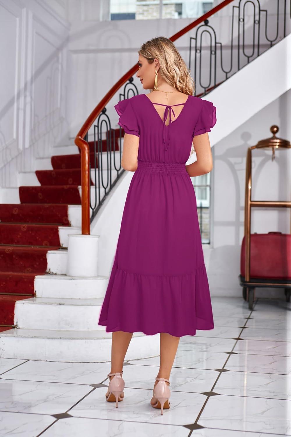 imageGRACE KARIN Womens Cocktail Dresses 2025 V Neck Ruffle Sleeve Dress ALine Midi Swing Wedding Guest SundressesRose Redplain
