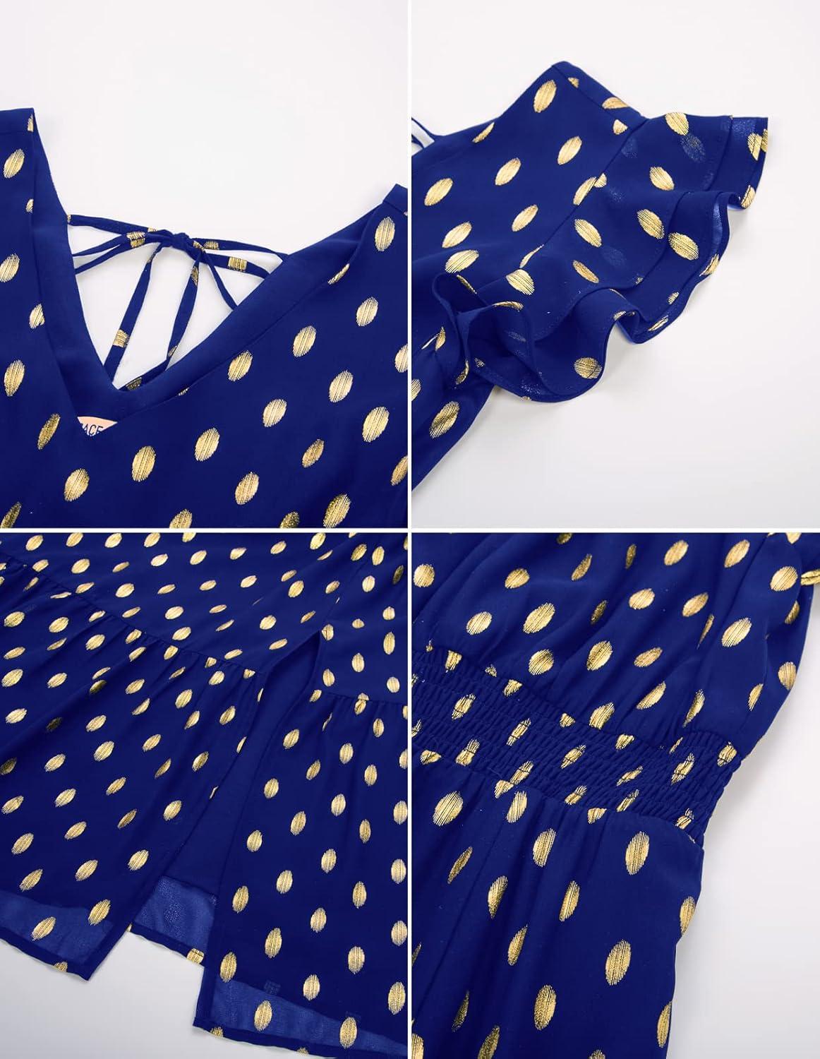 imageGRACE KARIN Womens Cocktail Dresses 2025 V Neck Ruffle Sleeve Dress ALine Midi Swing Wedding Guest SundressesRoyal Bluegold Dots