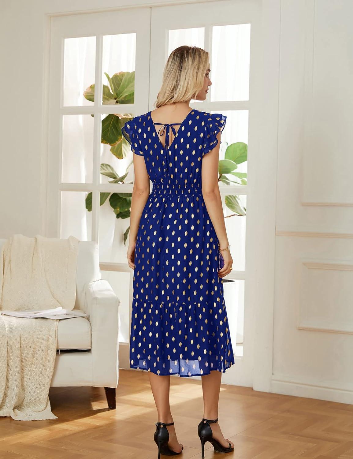 imageGRACE KARIN Womens Cocktail Dresses 2025 V Neck Ruffle Sleeve Dress ALine Midi Swing Wedding Guest SundressesRoyal Bluegold Dots