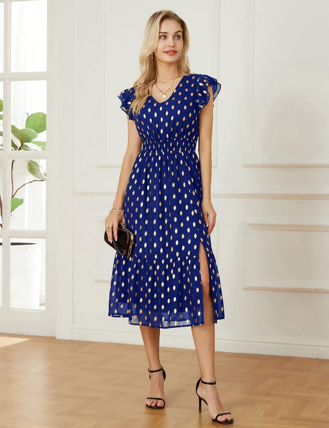 imageGRACE KARIN Womens Cocktail Dresses 2025 V Neck Ruffle Sleeve Dress ALine Midi Swing Wedding Guest SundressesRoyal Bluegold Dots