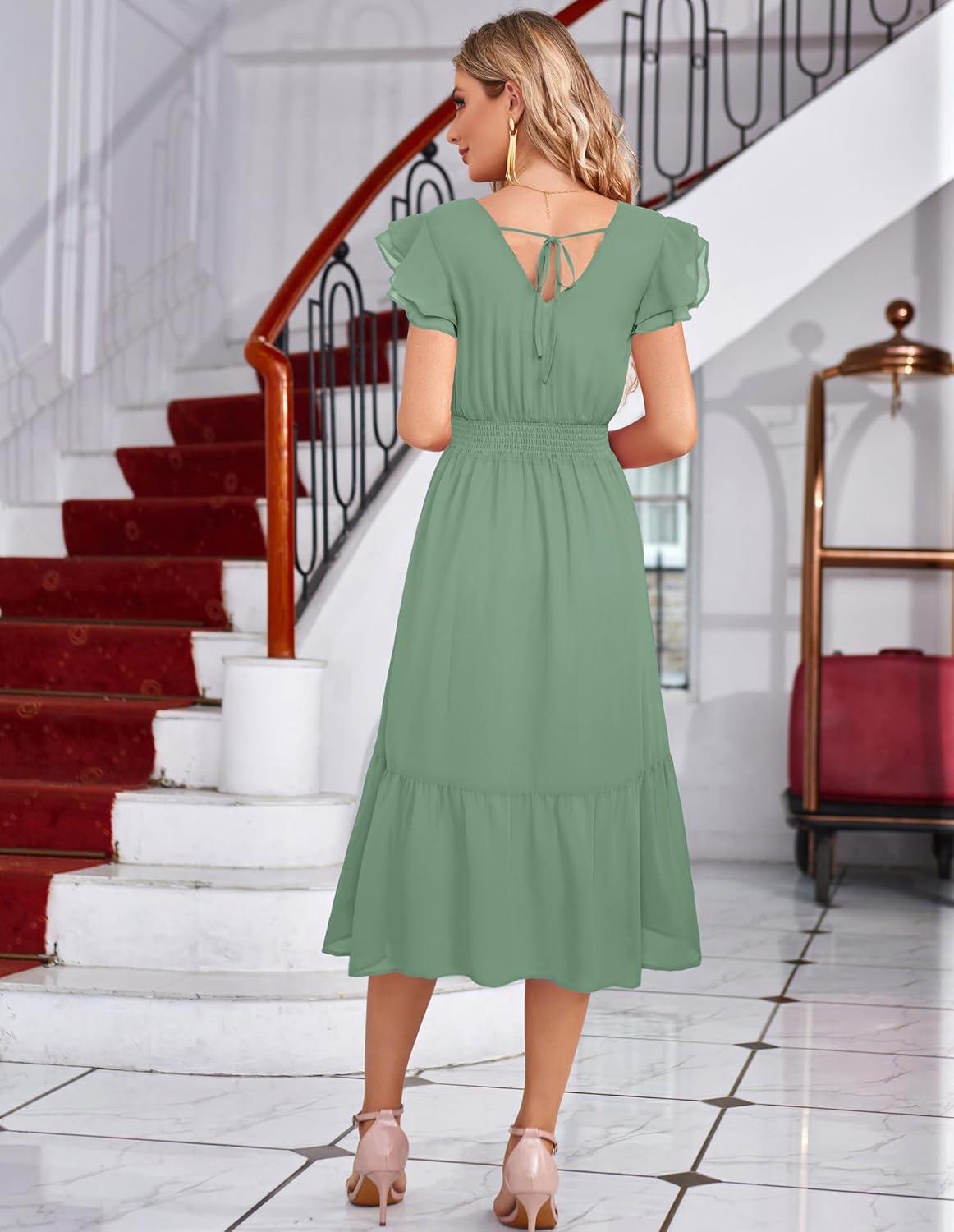 imageGRACE KARIN Womens Cocktail Dresses 2025 V Neck Ruffle Sleeve Dress ALine Midi Swing Wedding Guest SundressesSage Greensolid
