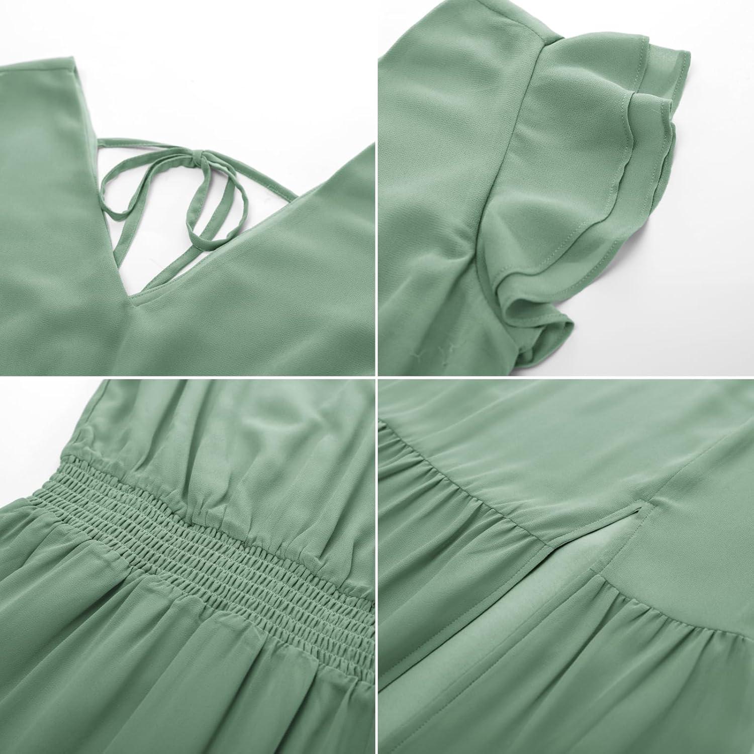 imageGRACE KARIN Womens Cocktail Dresses 2025 V Neck Ruffle Sleeve Dress ALine Midi Swing Wedding Guest SundressesSage Greensolid