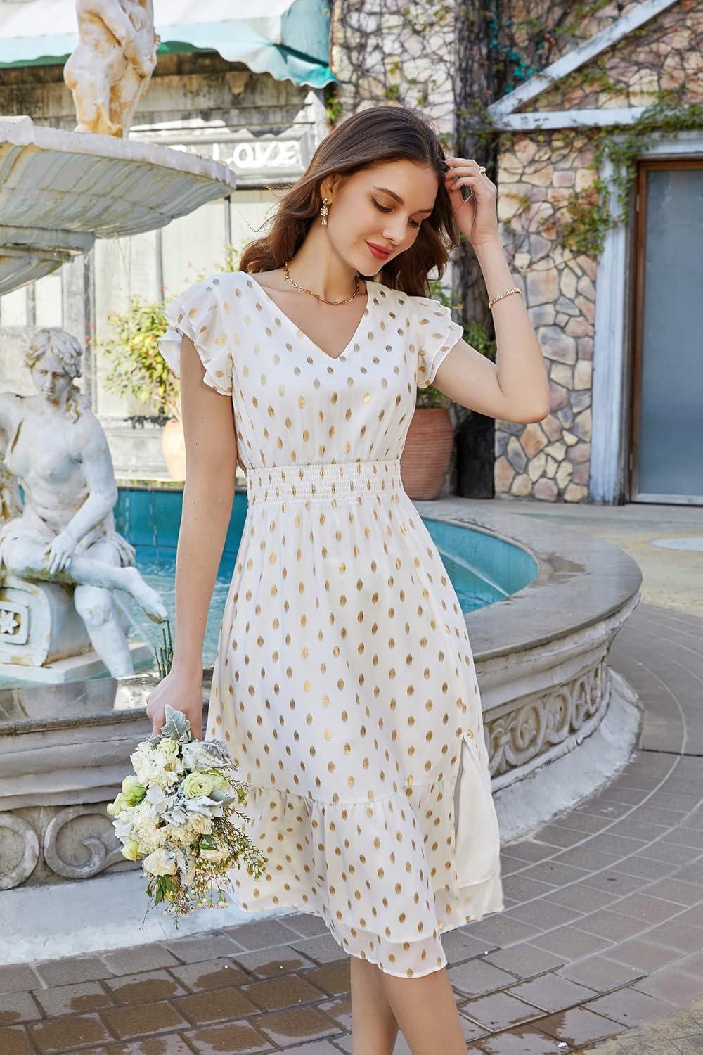 imageGRACE KARIN Womens Cocktail Dresses 2025 V Neck Ruffle Sleeve Dress ALine Midi Swing Wedding Guest SundressesWhitepolka Dot