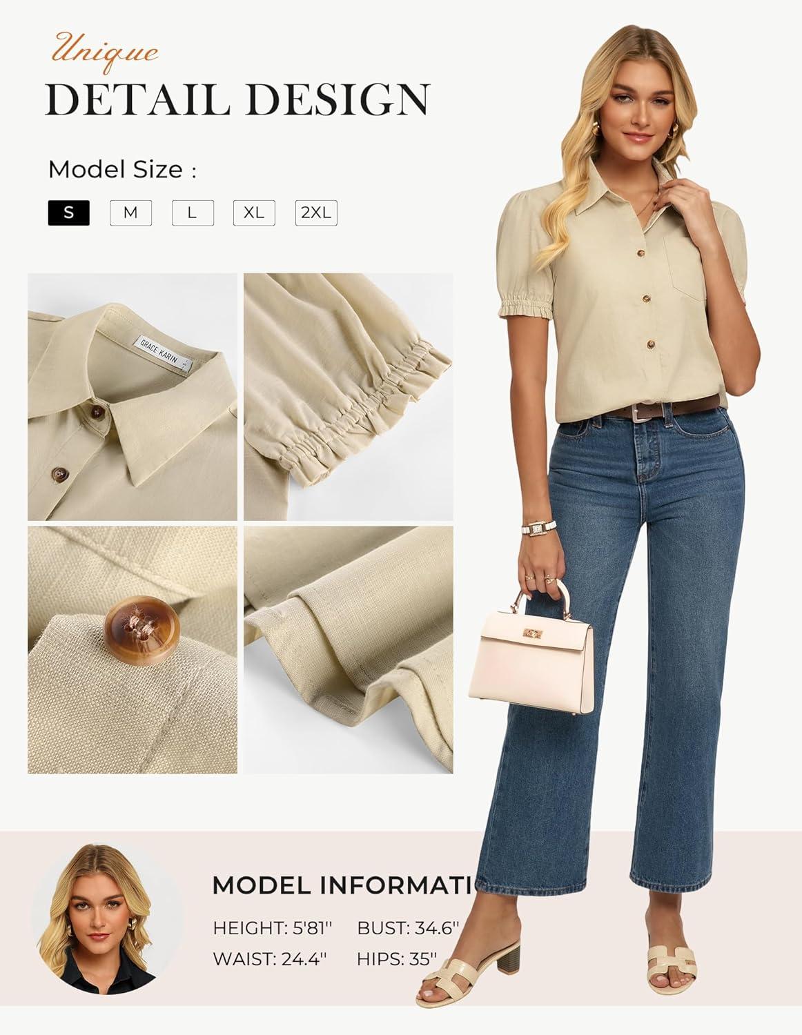 imageGRACE KARIN Womens Cotton Linen Blouse V Neck Puff Short Sleeve Button Down Work Summer TopsBeige