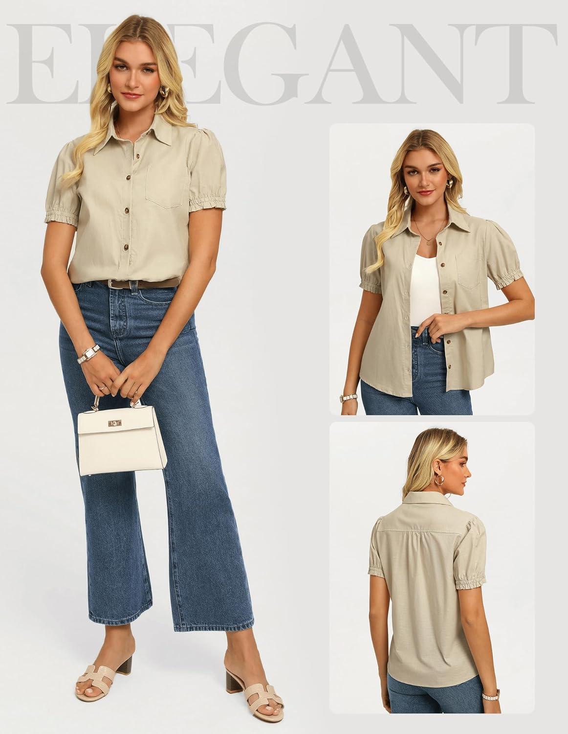 imageGRACE KARIN Womens Cotton Linen Blouse V Neck Puff Short Sleeve Button Down Work Summer TopsBeige