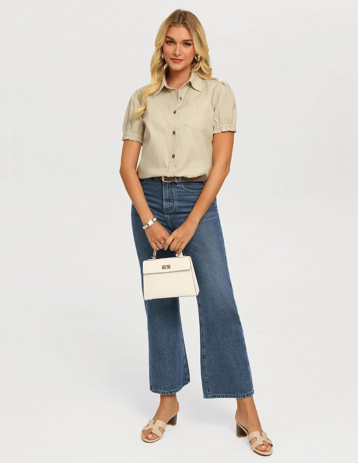 imageGRACE KARIN Womens Cotton Linen Blouse V Neck Puff Short Sleeve Button Down Work Summer TopsBeige