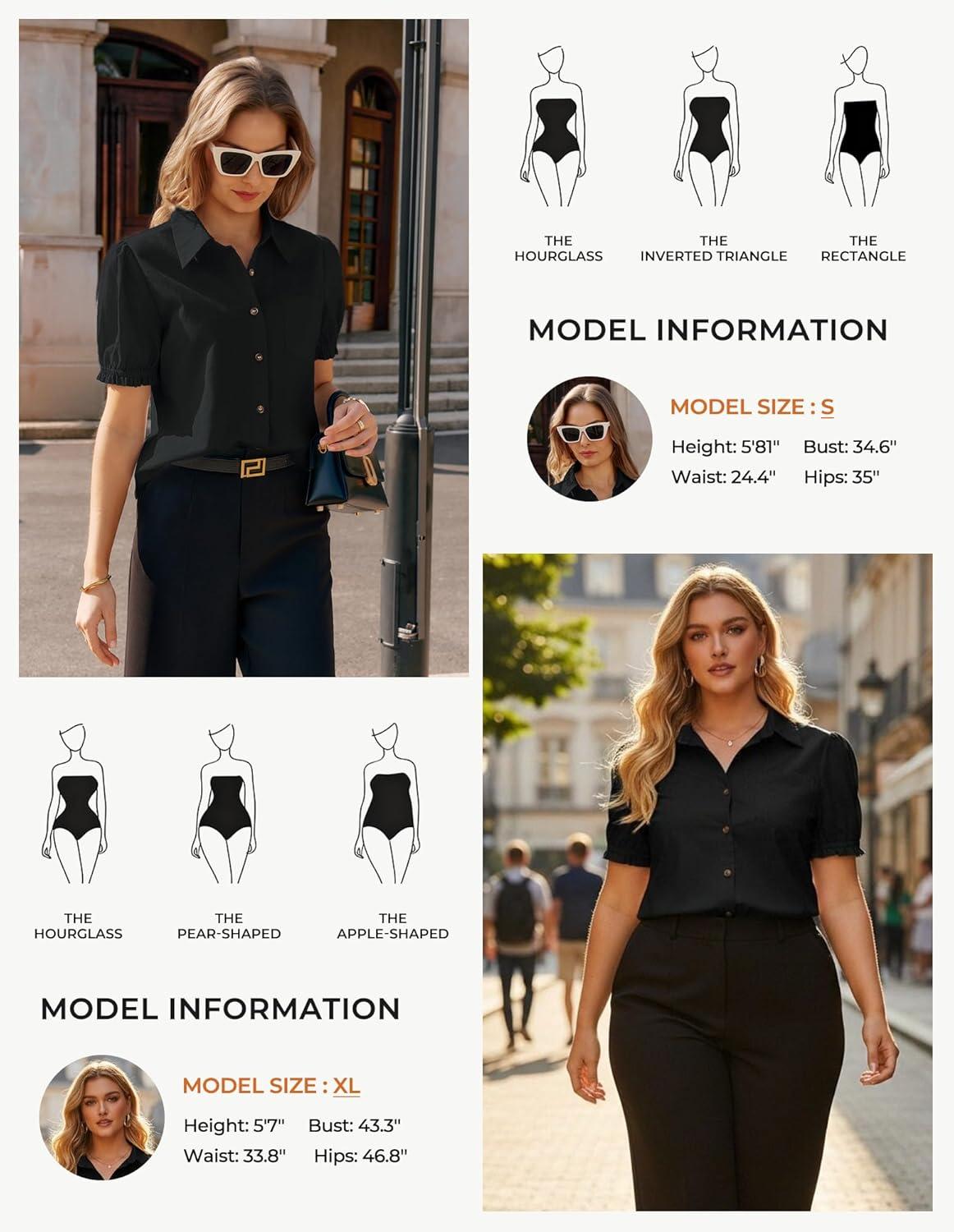 imageGRACE KARIN Womens Cotton Linen Blouse V Neck Puff Short Sleeve Button Down Work Summer TopsBlack