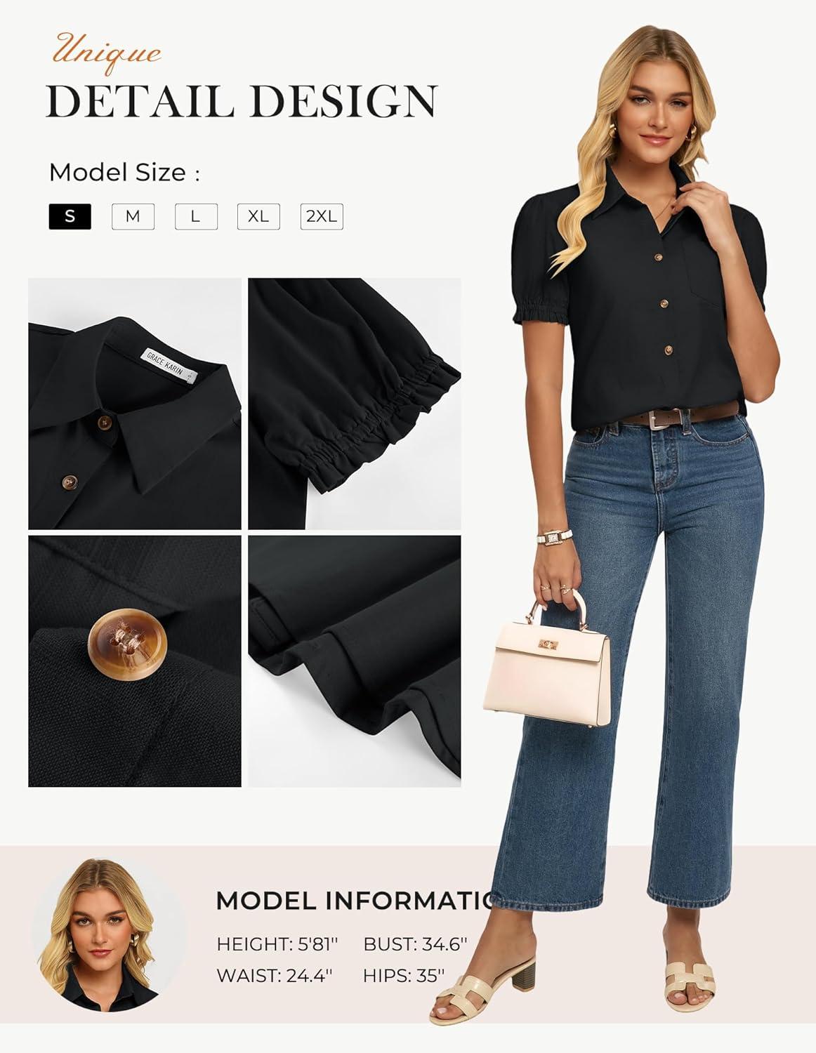 imageGRACE KARIN Womens Cotton Linen Blouse V Neck Puff Short Sleeve Button Down Work Summer TopsBlack