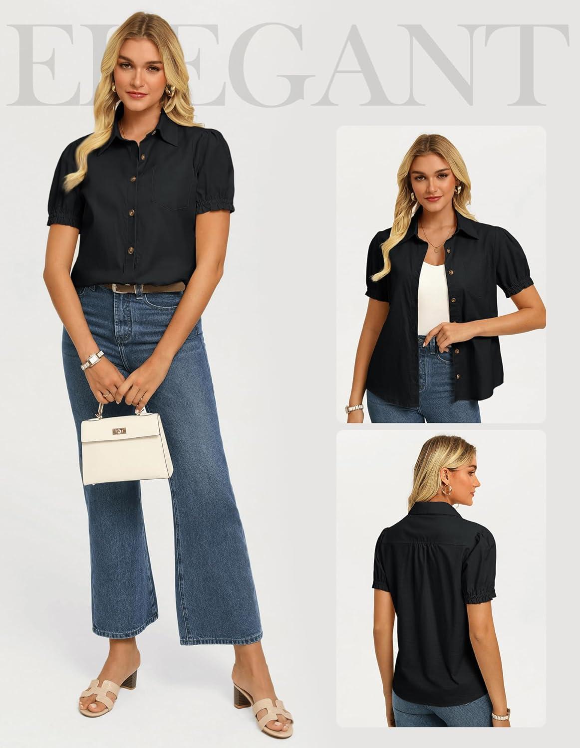 imageGRACE KARIN Womens Cotton Linen Blouse V Neck Puff Short Sleeve Button Down Work Summer TopsBlack