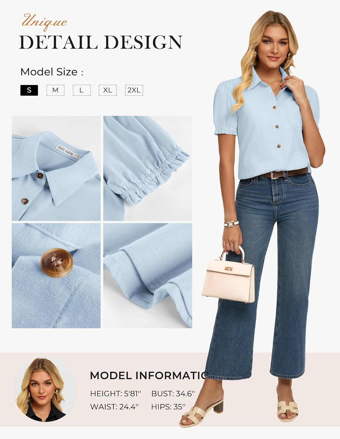 imageGRACE KARIN Womens Cotton Linen Blouse V Neck Puff Short Sleeve Button Down Work Summer TopsSky Blue