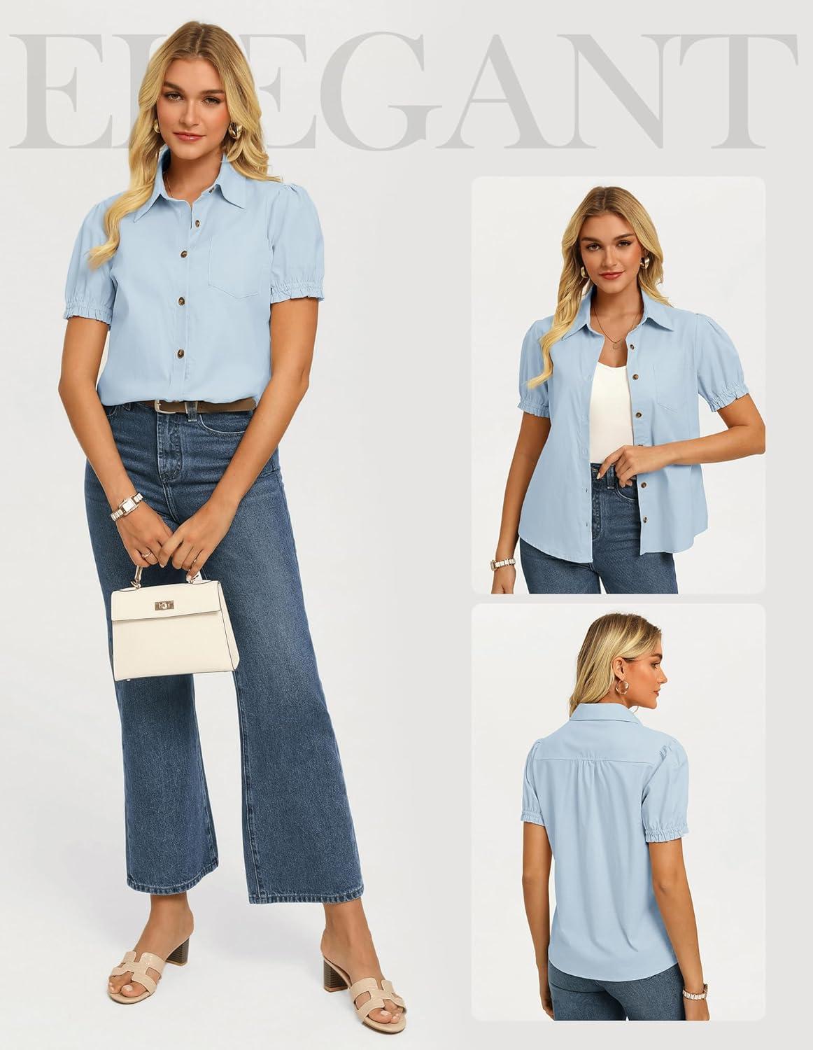 imageGRACE KARIN Womens Cotton Linen Blouse V Neck Puff Short Sleeve Button Down Work Summer TopsSky Blue