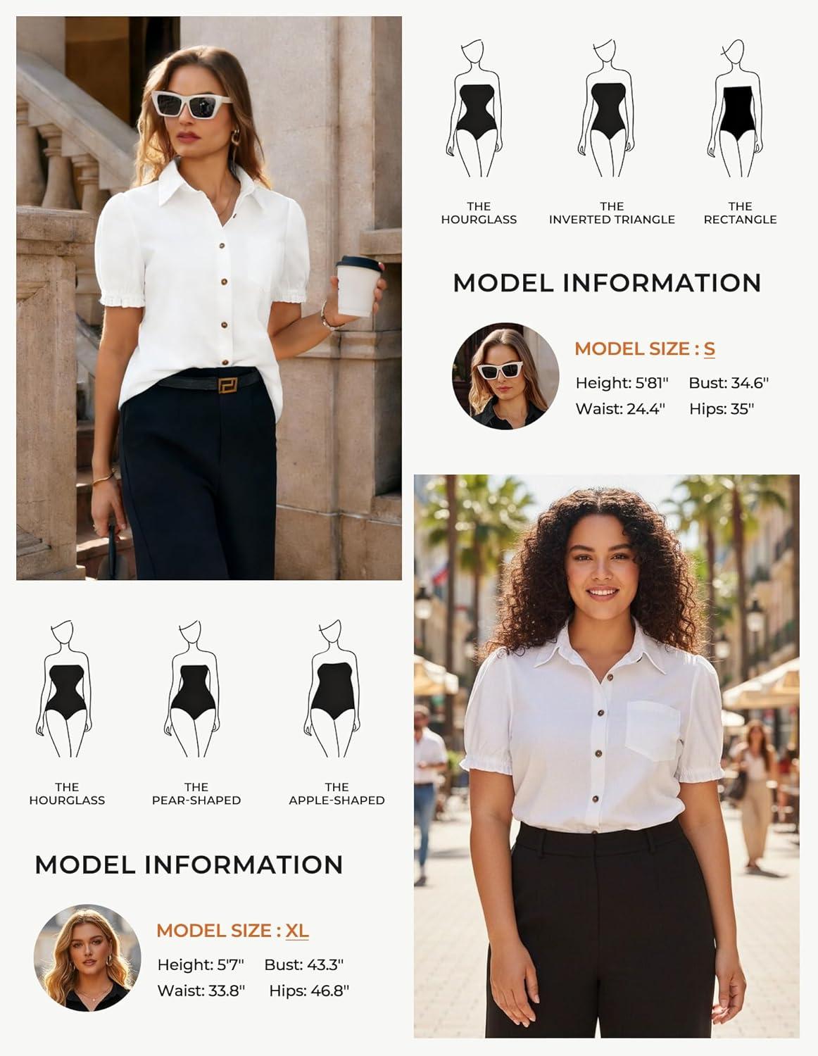 imageGRACE KARIN Womens Cotton Linen Blouse V Neck Puff Short Sleeve Button Down Work Summer TopsWhite
