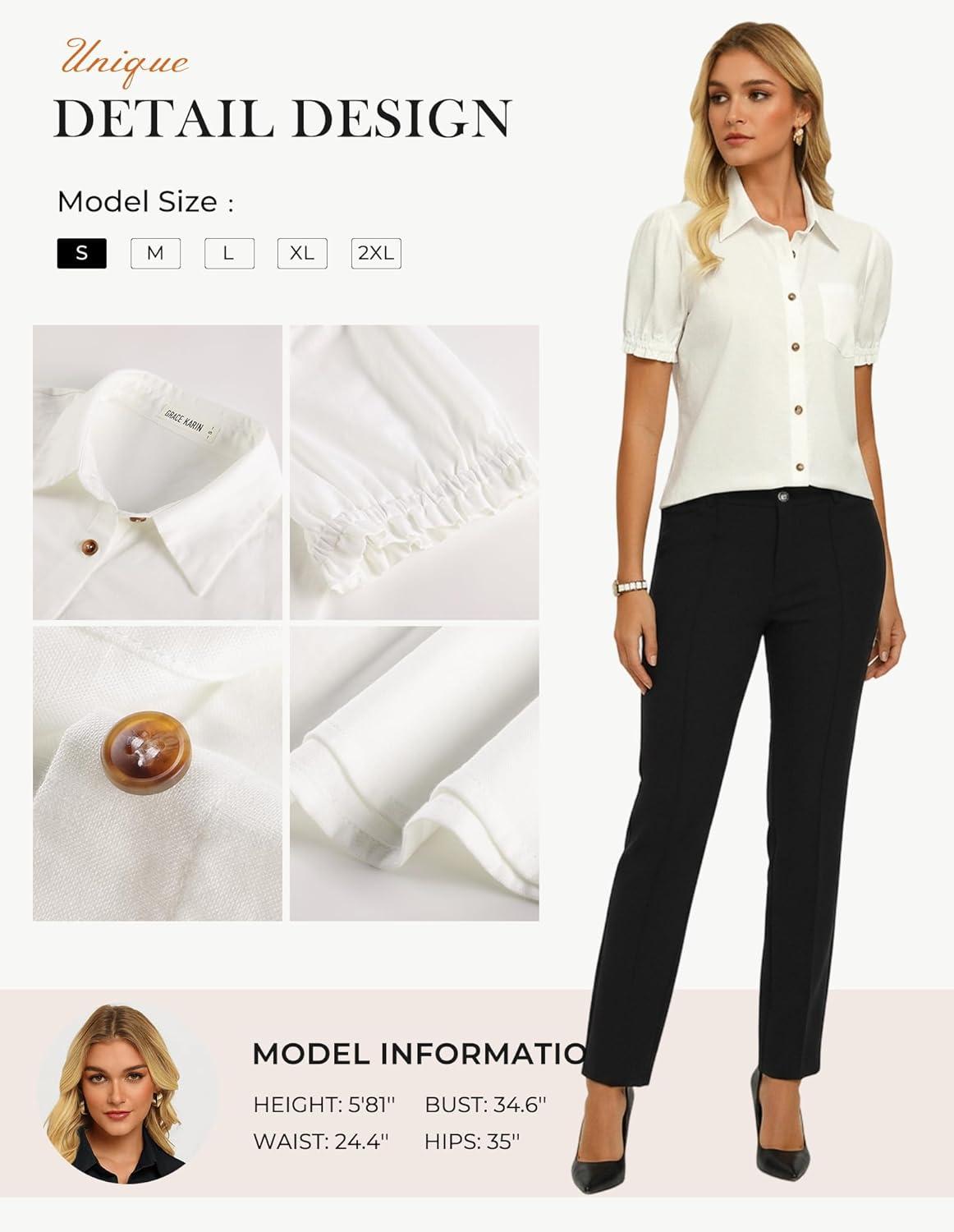 imageGRACE KARIN Womens Cotton Linen Blouse V Neck Puff Short Sleeve Button Down Work Summer TopsWhite